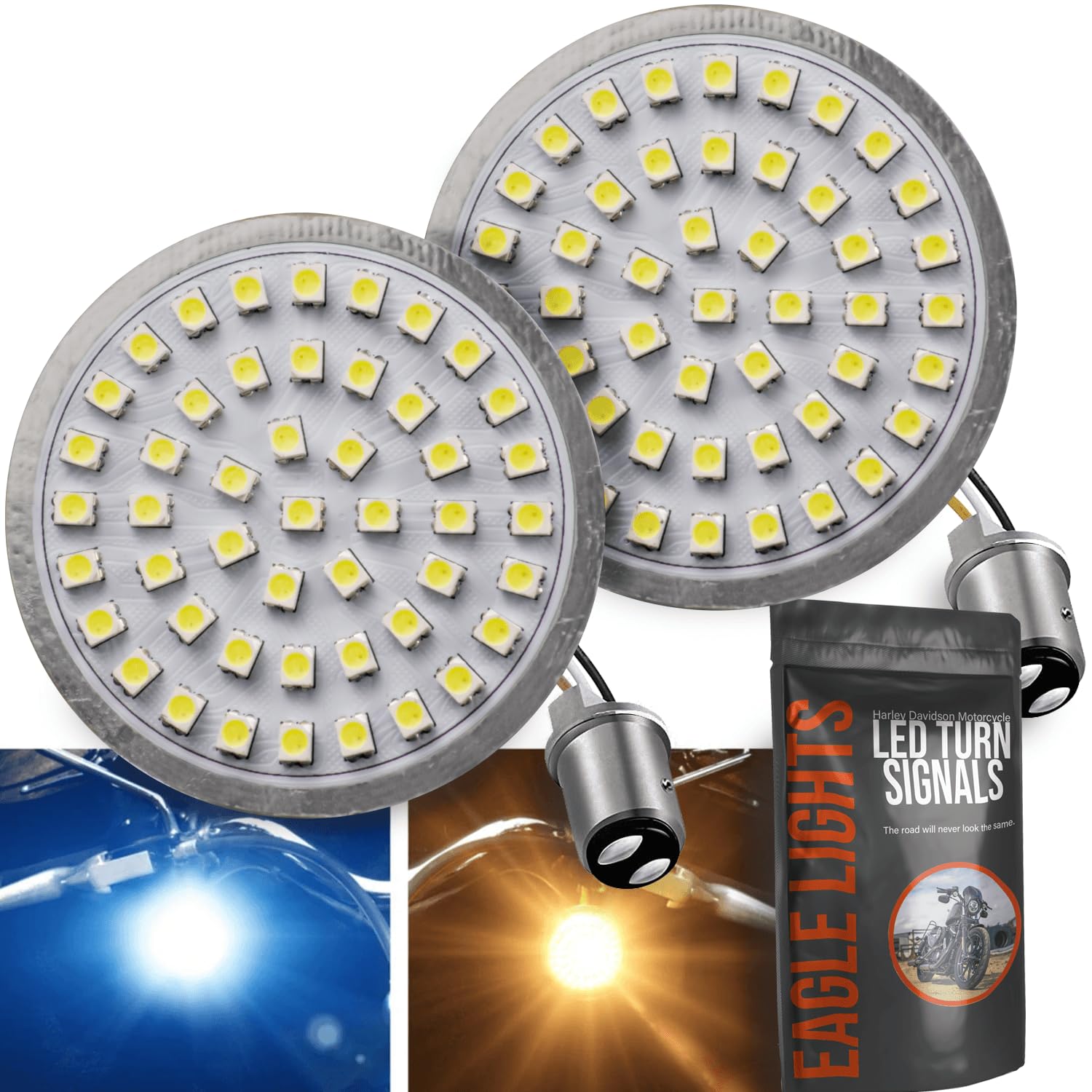Premium LED Turn Signals for Harley Davidson - Eagle Lights Gen II Front LED with White Running Lights (1157 Base) - Enhance Visibility & Safety for Night Riding & Urban Commuting