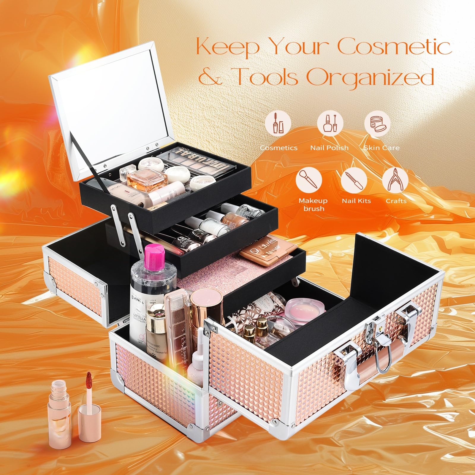 Joligrace 11.6-Inch Makeup Train Case - Lockable Cosmetic Organizer with Mirror & Compartments for Women | Travel Jewelry Storage | Portable Shiny Style Makeup Box for Home, Salon & Professional Use