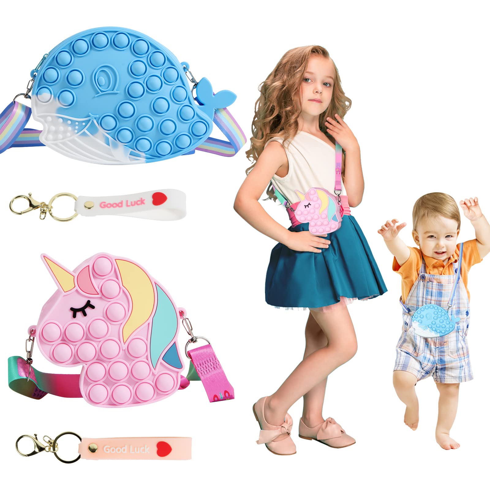2 Pack Pop It Purse for Girls - Unicorn & Whale Sensory Push Pop Shoulder Bag with Adjustable Lanyard | Cute Fidget Toy Backpack for Kids | Perfect for School, Travel & Stress Relief