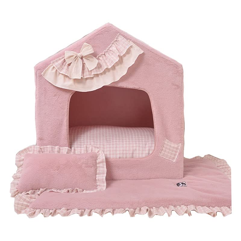 Princess Handmade Pet Dog Cat Bed - Cozy House Tent Sofa Cushion for Small Dogs & Cats - Removable Washable Warm Frame Bed Cover (Pink Grid, Medium) - Perfect for Indoor Lounging & Nap Time Comfort