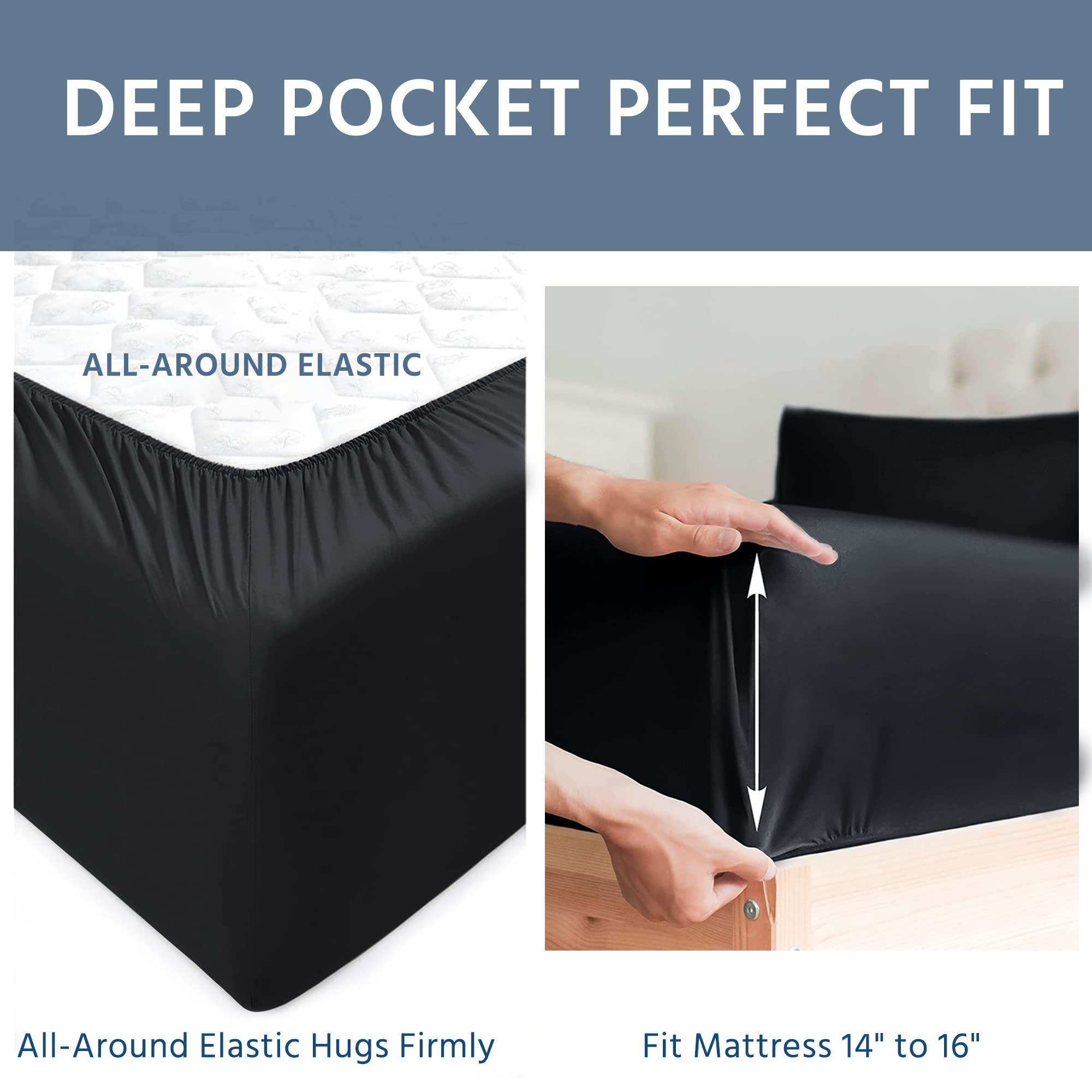 Super Soft 100% Microfiber Queen Size Bed Sheet Set - 1800 Brushed Microfiber with Embroidered Design, 16-Inch Deep Pocket, 4-Piece (Black) - Perfect for Cozy Bedrooms, Guest Rooms & Dorm Comfort