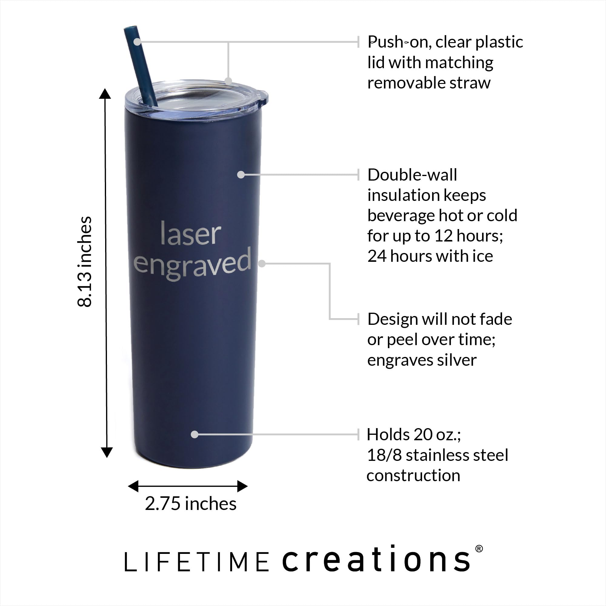 Personalized Stainless Steel Vacuum Insulated 20 oz Skinny Tumbler with Straw - Custom Engraved Name (Navy) - Perfect for Gifts, Office, Gym & Outdoor Activities