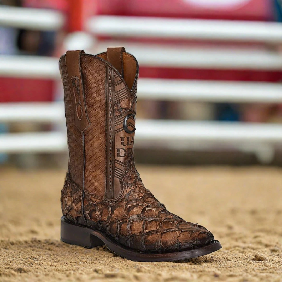 Premium Men's Cuadra Honey Cowboy Rodeo Boots - Genuine Pirarucu Skin Leather - Western Style Riding Boots for Country Dancing & Rodeo Events