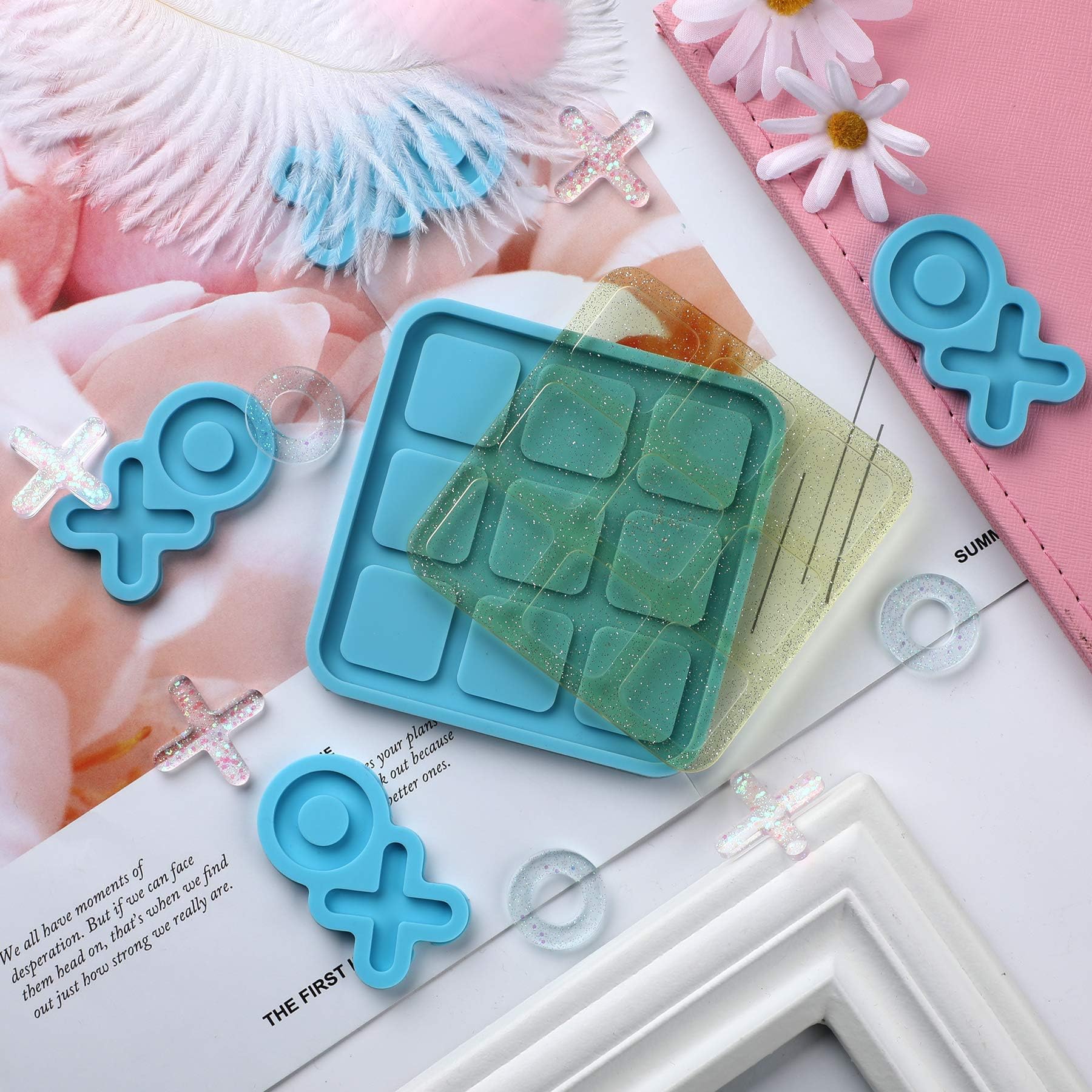 Tic Tac Toe Resin Mold Set with 5 Chess Pieces - DECYOOL XO Board Game Silicone Molds for DIY Resin Casting & Tabletop Game Making - Perfect for Crafting, Home Decor, and Family Game Night