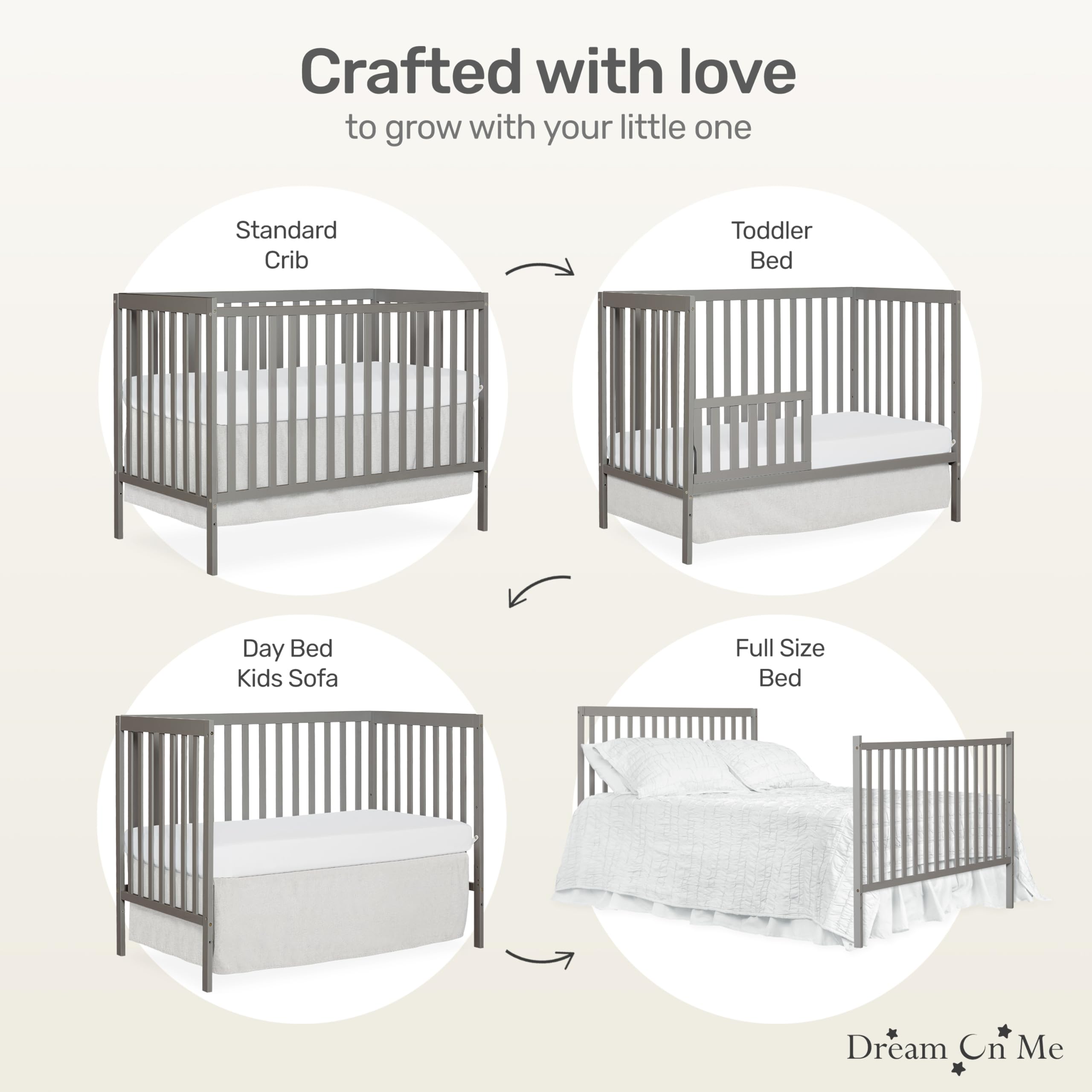 Dream On Me Synergy 5-in-1 Convertible Crib - Cool Grey | JPMA & Greenguard Gold Certified | Solid Reclaimed New Zealand Pine Wood | 3 Adjustable Mattress Heights | Perfect for Nursery, Bedroom & Daycare Use