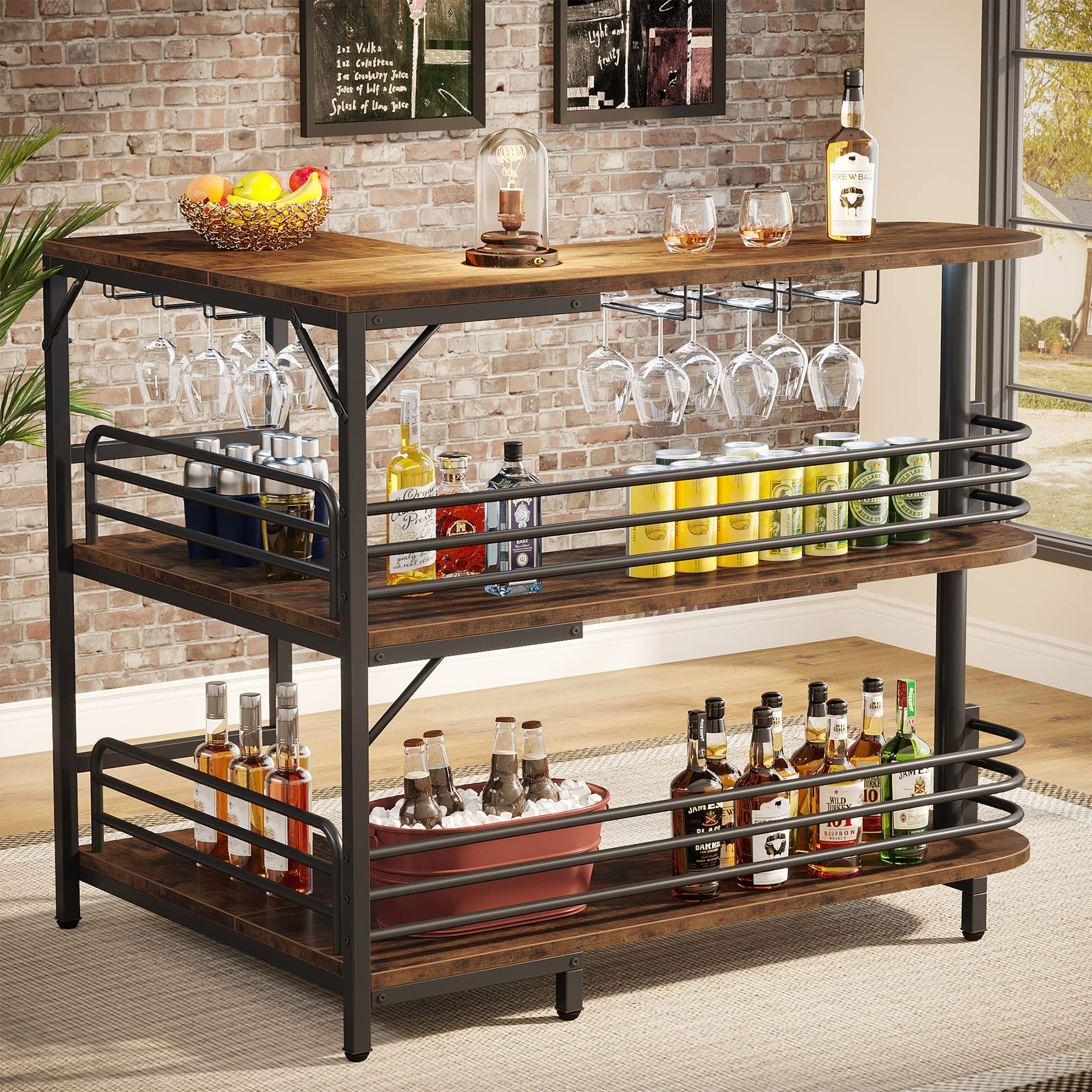 Tribesigns Industrial L-Shaped Home Bar Unit - 3-Tier Corner Liquor Cabinet with Storage Shelves & Wine Glass Holder - Rustic Brown Mini Bar for Kitchen, Living Room, Home Pub & Entertainment Spaces