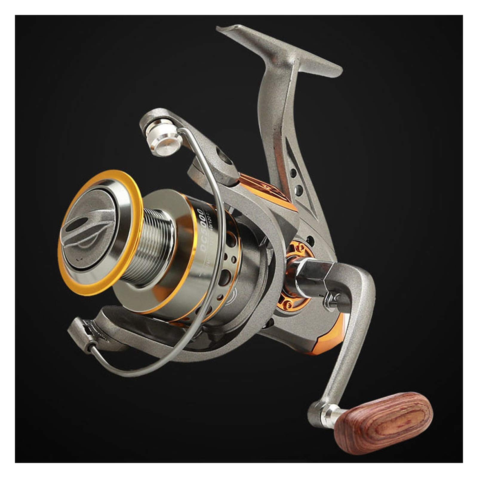 Professional 13BB Spinning Fishing Reel - Left/Right Hand Wooden Handle Metal Gear Fishing Reel Wheel (2000 Series, DC Gray Gold) - Ideal for Freshwater & Saltwater Fishing, Bass Trout Salmon Angling