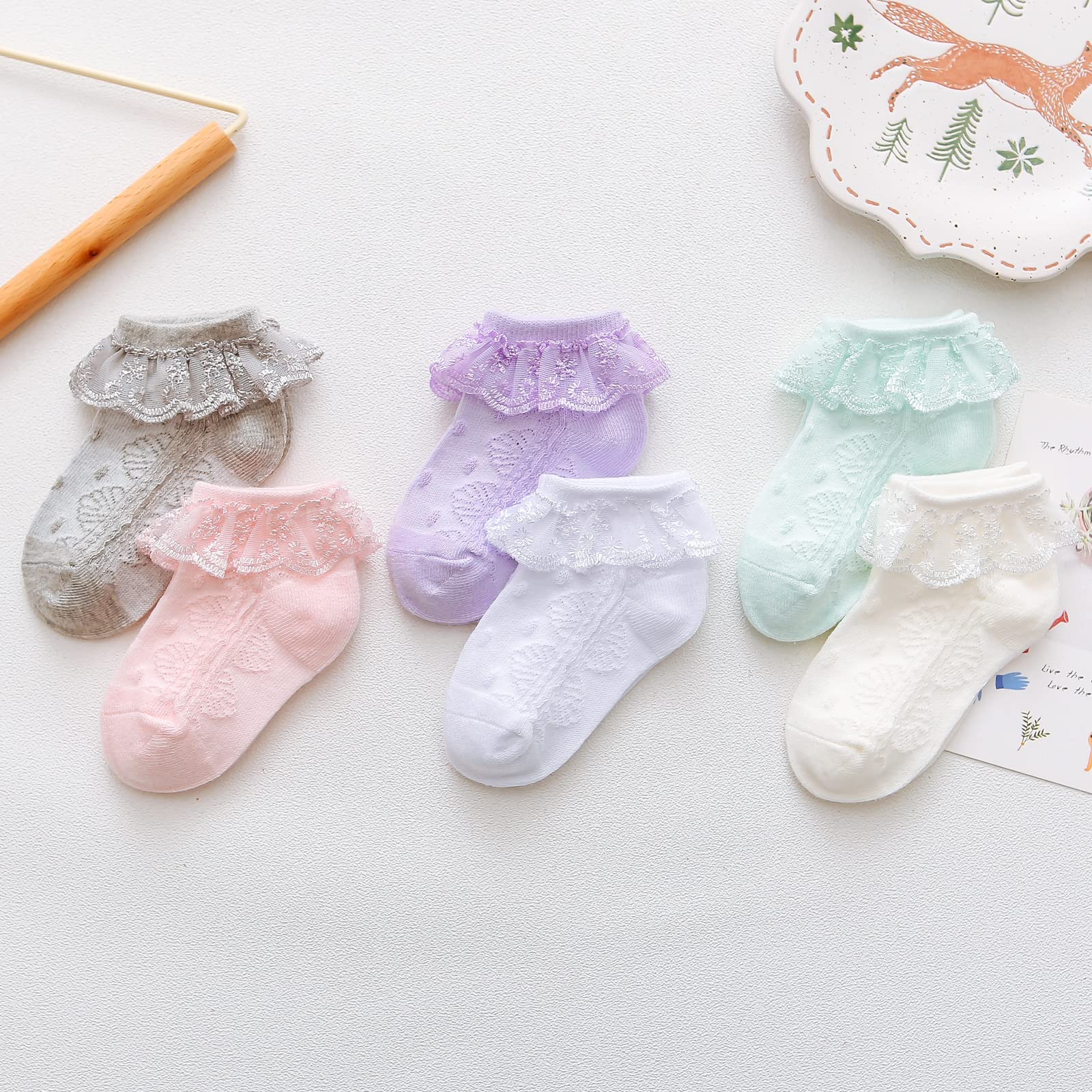 Baby Girl Lace Socks with Eyelet Ruffles - 2/3/5/6 Pairs Pack - Princess Dress Socks for Newborns, Infants & Toddlers - Perfect for Special Occasions, Photoshoots & Everyday Wear