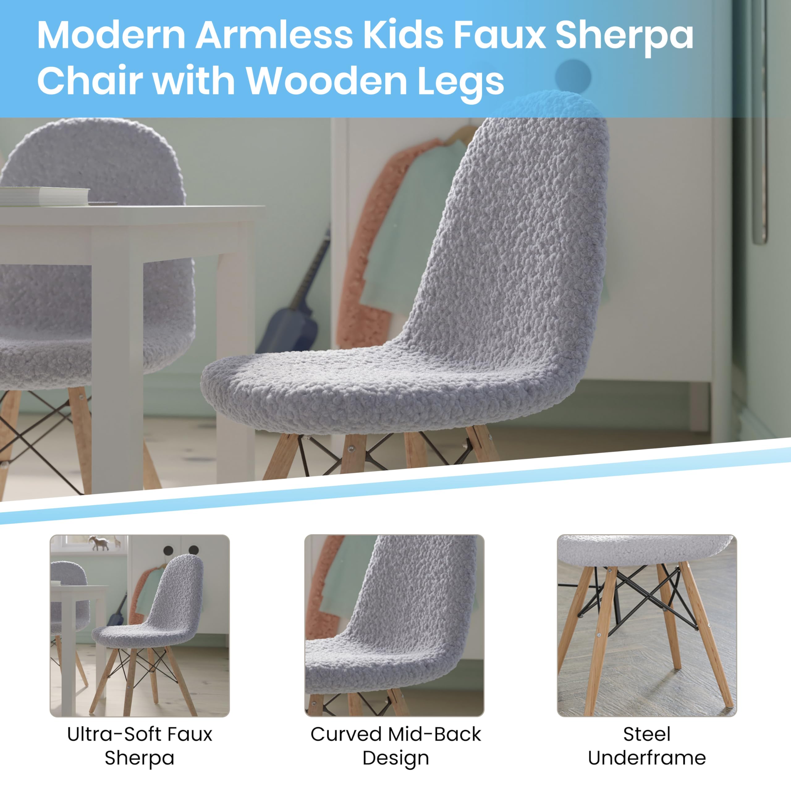 EMMA + OLIVER Set of 2 Kids Accent Chairs with Gray Faux Shearling Seat & Solid Wood Base - Easy 10-Minute Assembly - Perfect for Bedroom, Playroom or Reading Nook - Beechwood Legs Children's Side Chairs