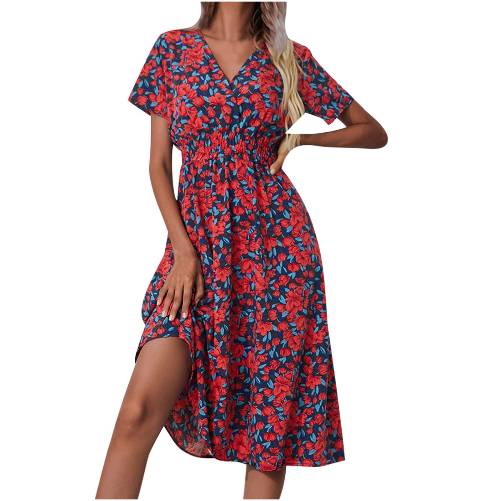 Floral Midi Dress for Women - V-Neck Elastic Waist Flowy Knee-Length Summer Dress | Beach Wedding, Vacation, Party & Casual Outfit