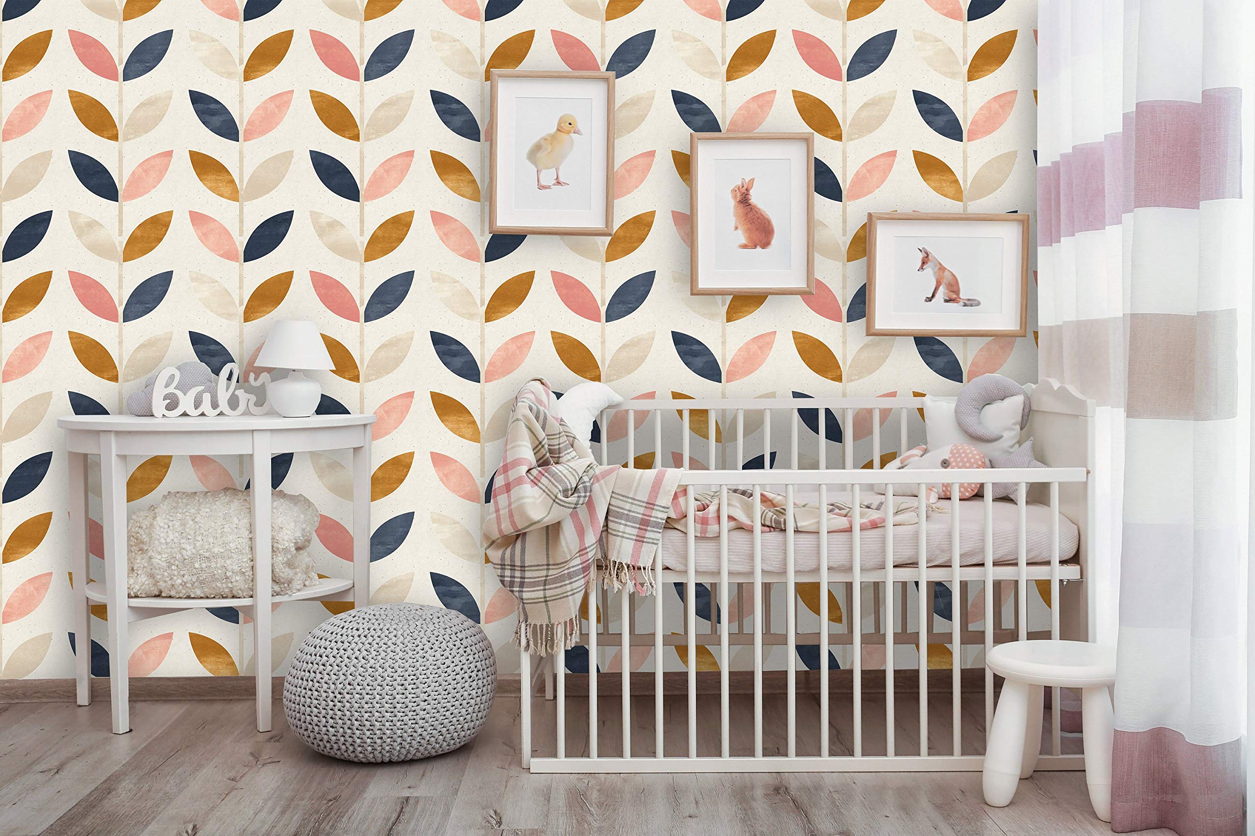 Self-Adhesive Removable Wallpaper - Rose Gold Blue Floral Peel and Stick Wall Mural for Nursery, Baby Room, Bedroom Decor | Scandinavian Design (24