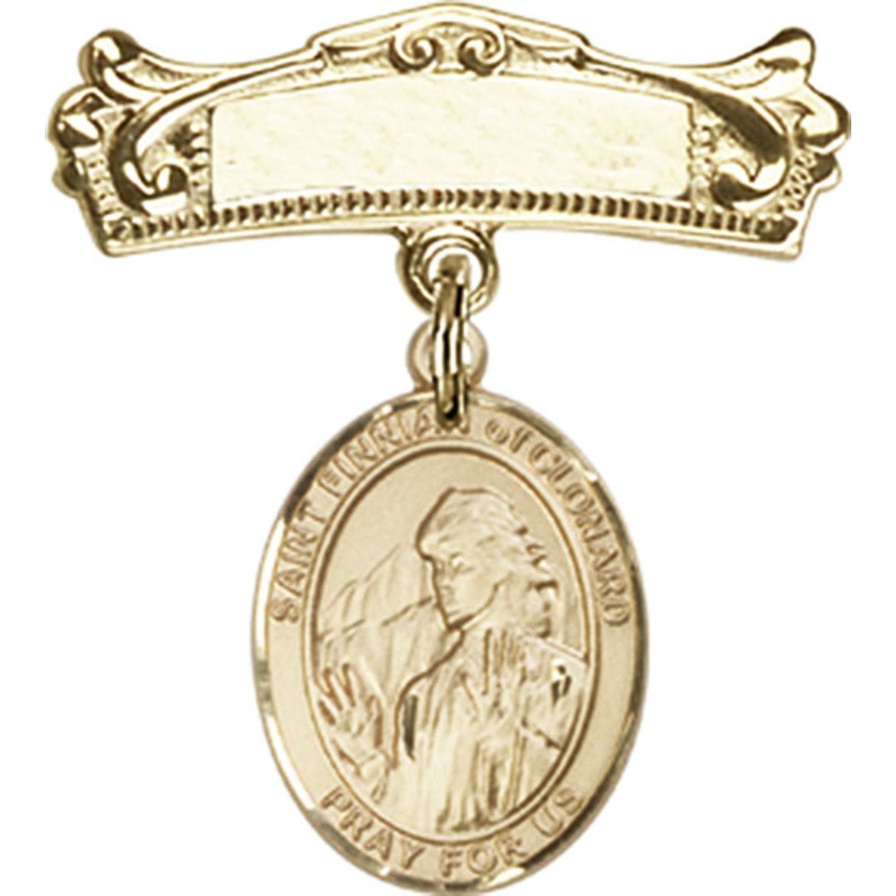 Gold Filled Baby Badge with St. Finnian of Clonard Charm - 7/8 X 3/4 Inch Arched Polished Pin for Christening, Baptism & First Communion Gifts
