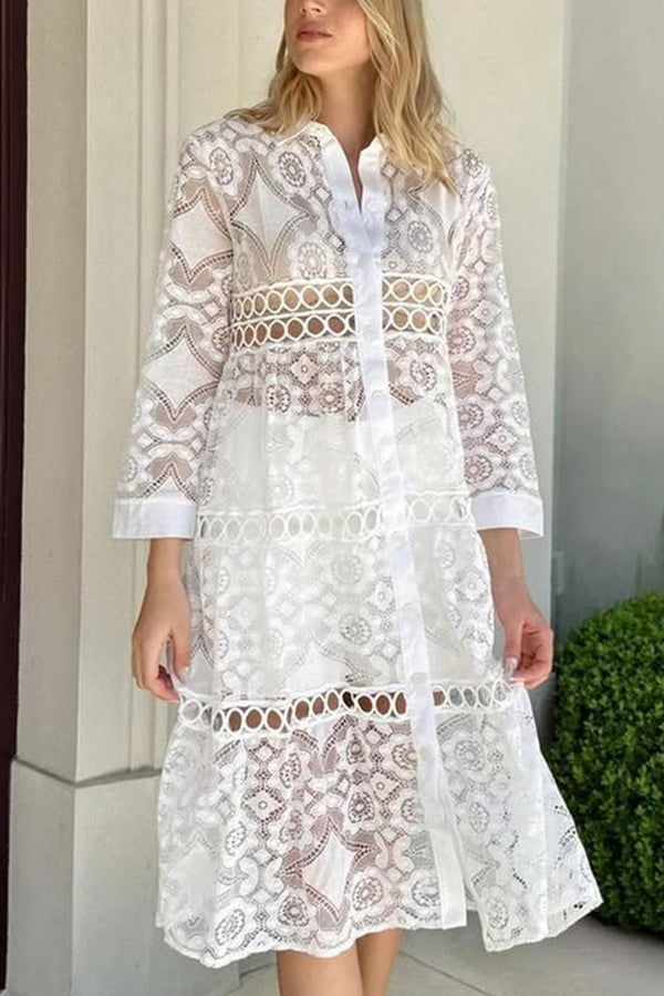 Elegant Solid Color Hollow Lace Lapel Button Down Long Sleeve Shirt for Women - Perfect for Office Wear, Date Night & Special Occasions