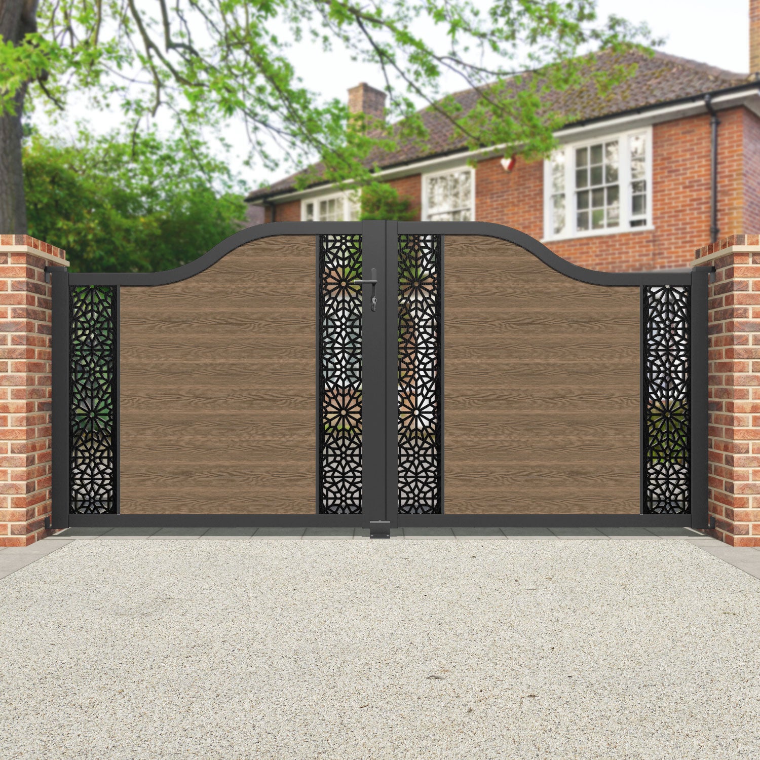Premium Teak Wood Classic Alnara Curved Top Driveway Gate with Middle & End Screen - Elegant Driveway Entrance Solution for Luxury Homes & Estates