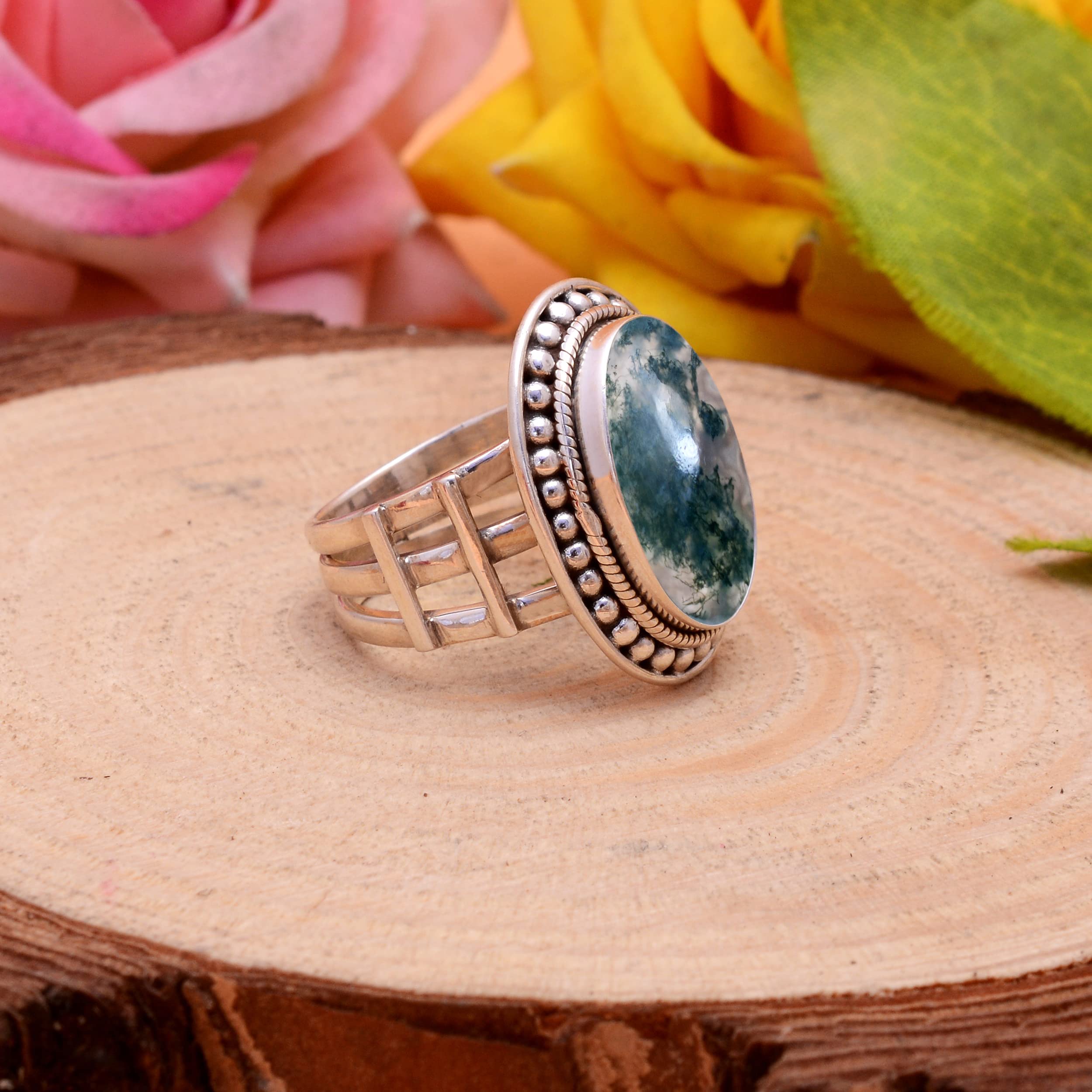 Veracity Jewelry Moss Agate Rings for Women - 925 Sterling Silver Healing Meditation Rings with Natural Green Gray Moss Agate Gemstone | Spiritual Jewelry, Yoga Accessories, Gift for Her (VSR-37)
