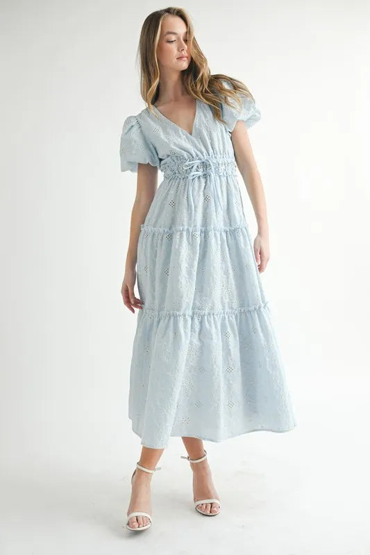 Light Blue Puff Sleeve V-Neck Midi Summer Dress - Flowy Casual Sundress for Beach, Vacation & Date Night