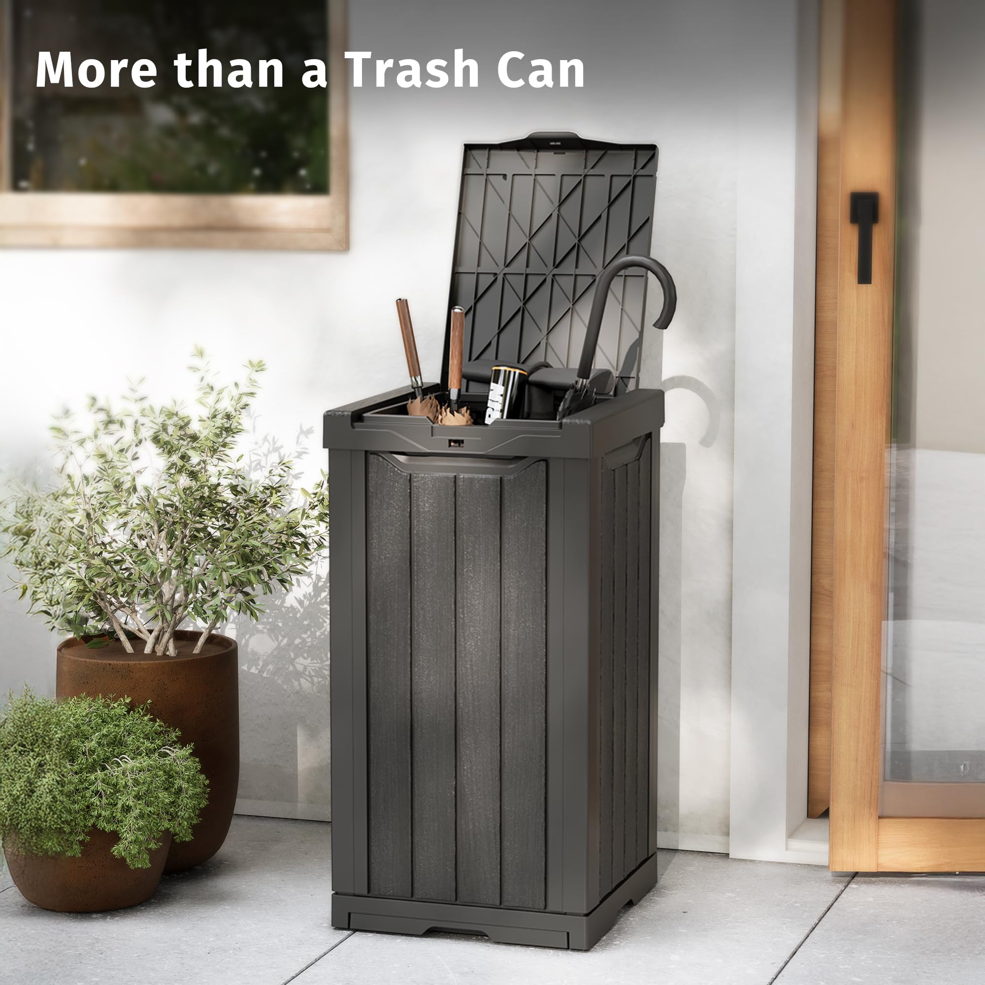 EAST OAK 31 Gallon Outdoor Trash Can - Waterproof Resin Garbage Bin with Recycle & Trash Labels, Secure Bag Lock & Drip Tray | Heavy Duty Patio, Backyard, Deck & Kitchen Waste Container | Ideal for Outdoor Parties, BBQ, Camping & Home Use | Gray