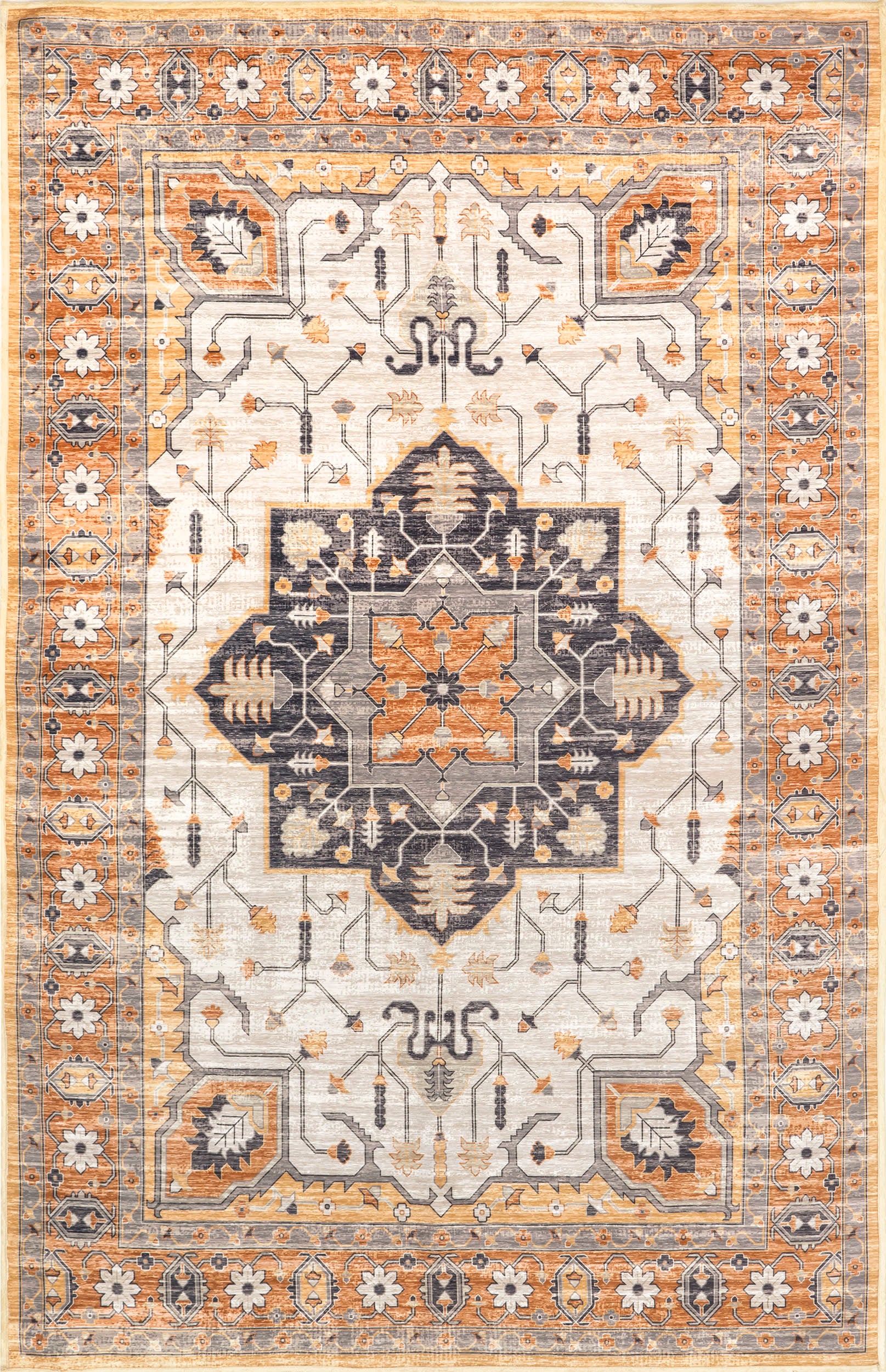 Washable Faded Dahlia Area Rug in Beige - Soft Vintage Style Boho Rug for Living Room, Bedroom, or Nursery Decor
