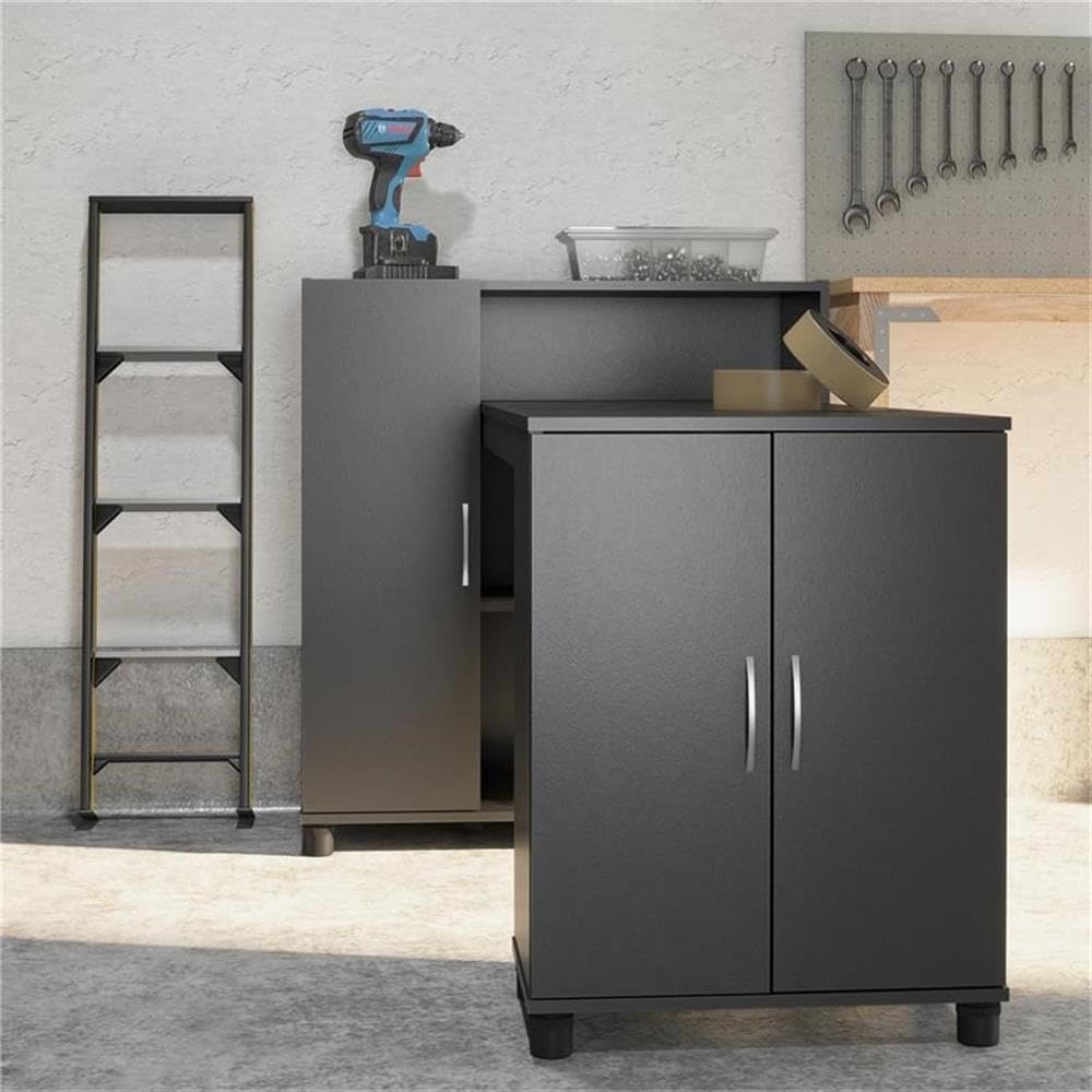 Pemberly Row Transitional Wood Hobby and Craft Desk with Storage Cabinet in Black - Perfect for DIY Projects, Home Office & Craft Room Organization