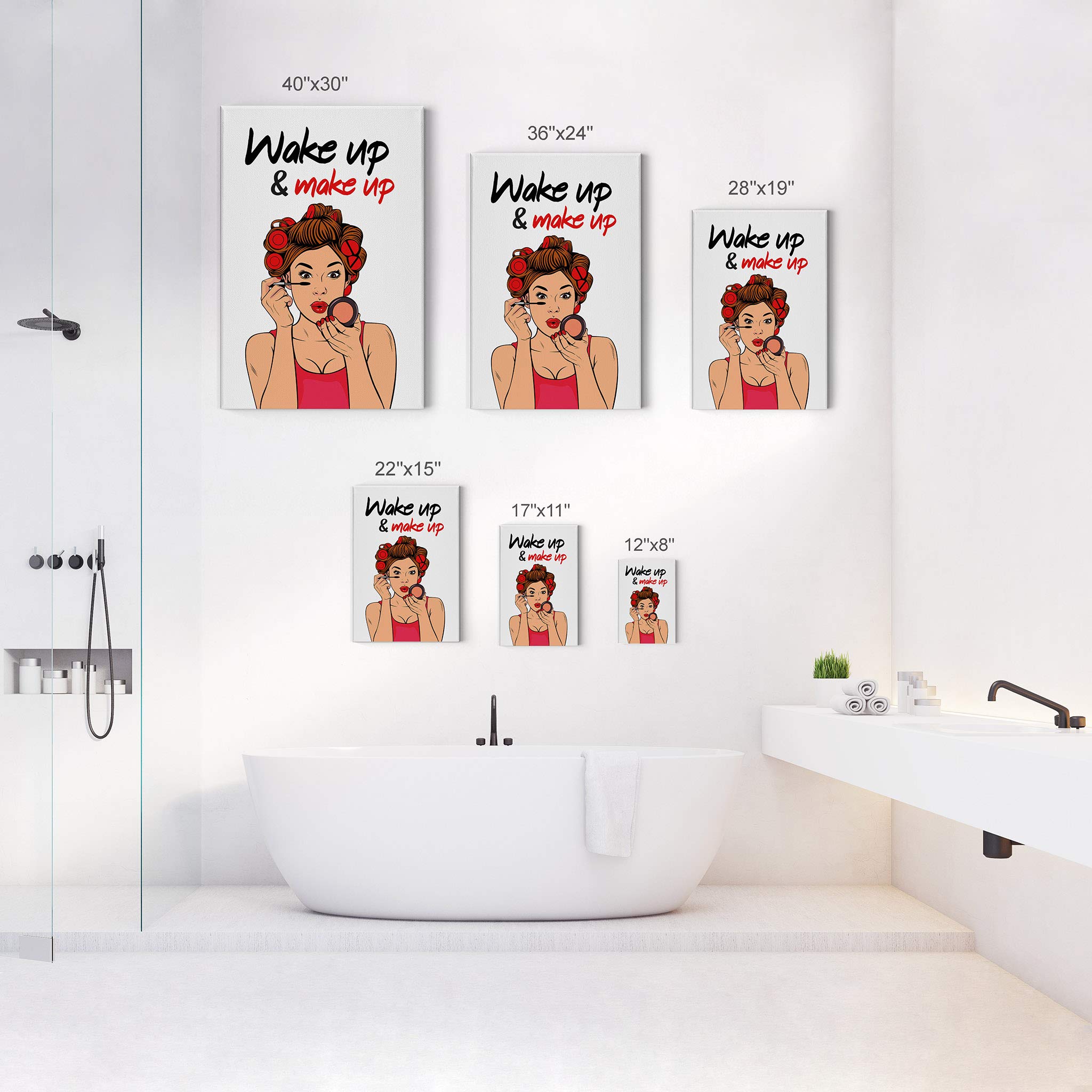 Smile Art Design Wake Up Make Up Canvas Print - Pretty Woman Bathroom Sign Wall Decor (40x30 Inches) | Ready to Hang Bathroom Wall Art, Home Decoration | Made in USA | Perfect for Powder Rooms, Guest Baths & Vanity Areas