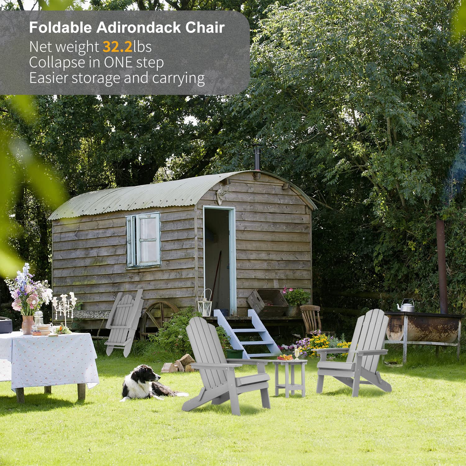 MXIMU Folding Adirondack Chair - Durable Plastic Outdoor Lounge Chair for Lawn, Backyard, Deck, Garden & Camping - Fire Pit Seating - Weather-Resistant Grey Patio Furniture (Perfect for Relaxing by the Poolside or Around the Fire Pit)