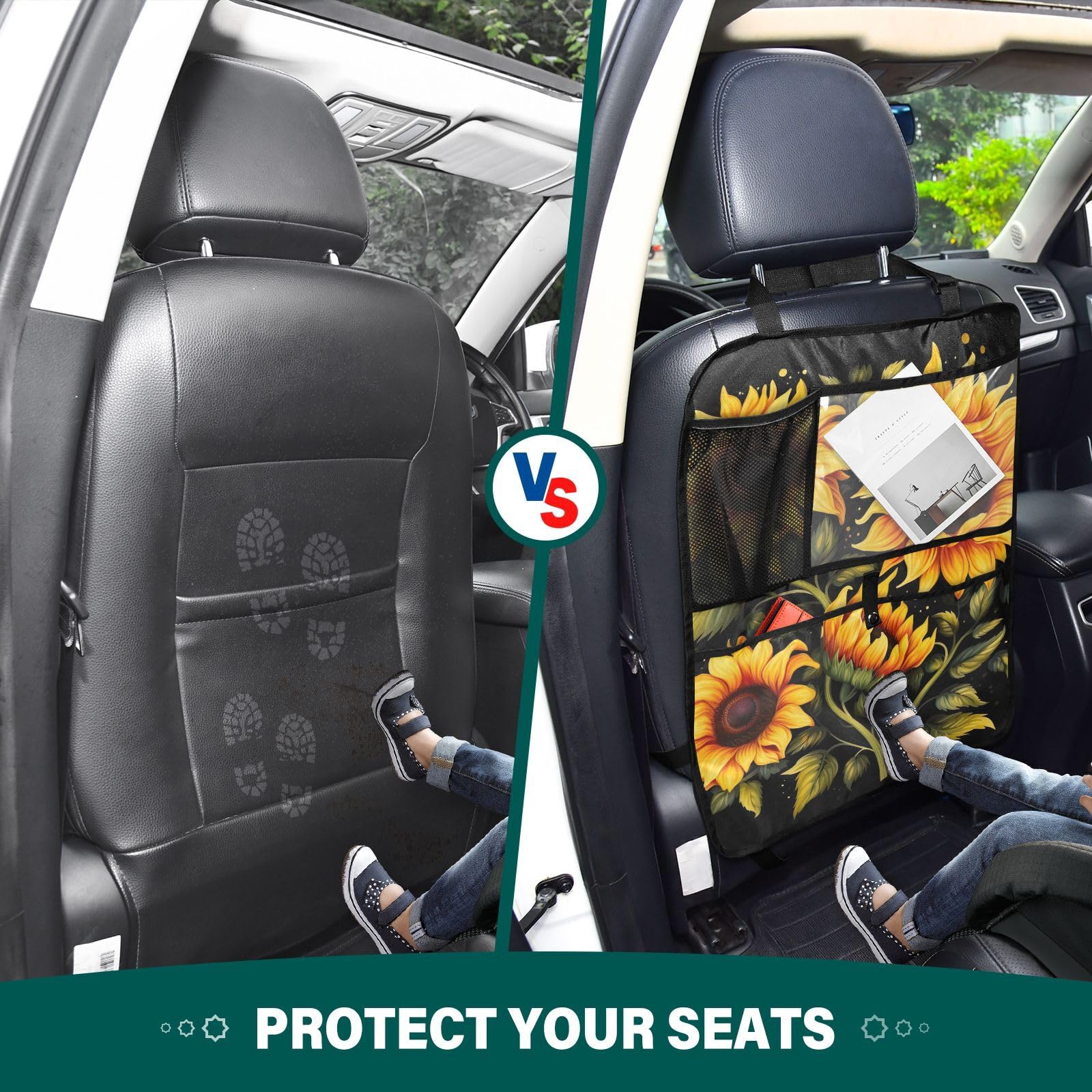 Sunflower Black 2-Pack Car Back Seat Kick Mats for Kids - Premium Seat Protector with 3 Storage Pockets | Universal Fit for Trucks, SUVs & Sedans | Perfect for Road Trips & Family Travel Accessories