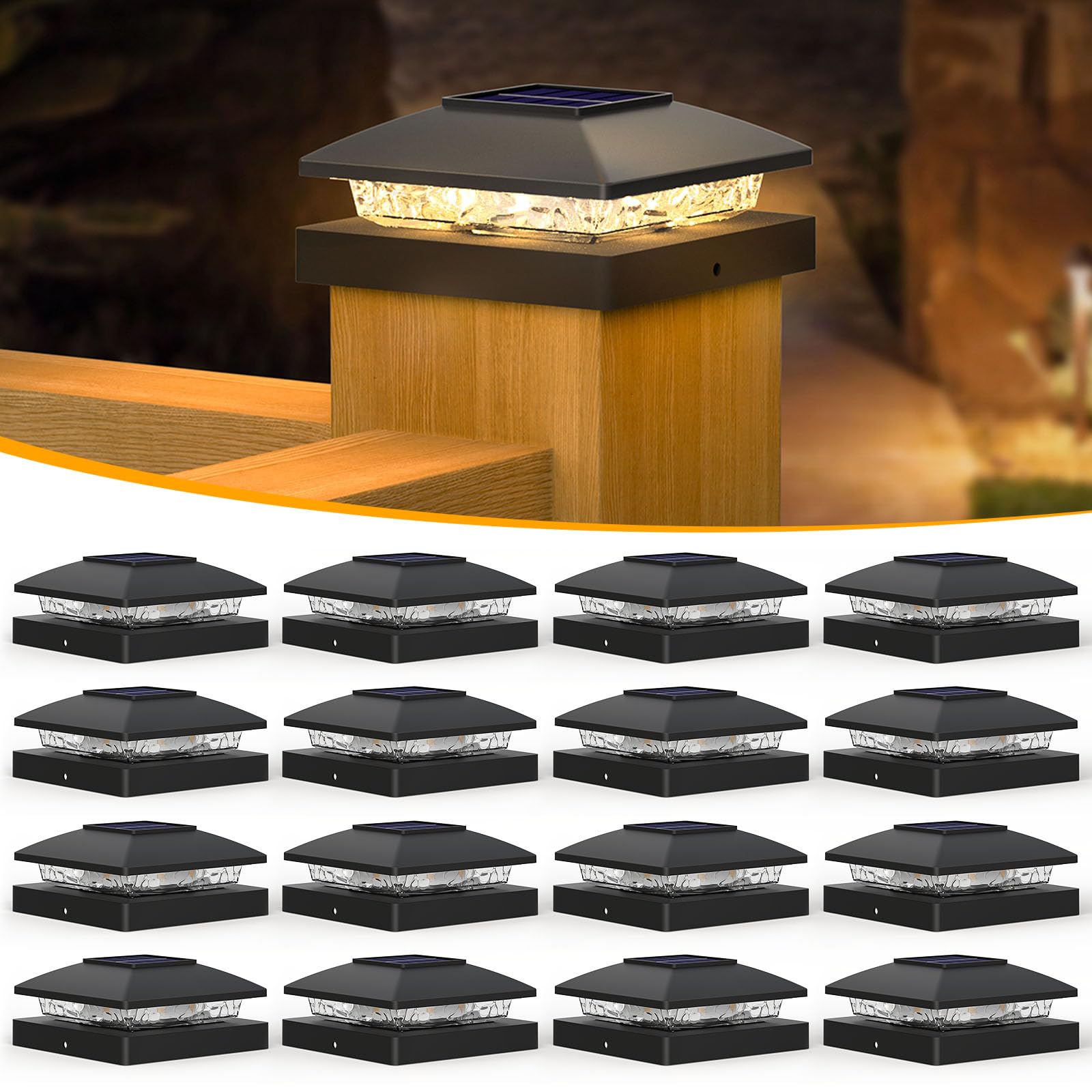 APONUO 16 Pack Solar Post Cap Lights, Warm White Outdoor Waterproof Solar Lights for 4x4 Wood Vinyl Posts - Garden, Patio, Porch & Yard Decor (Black) | Perfect for Pathway Lighting, Deck Railings & Fence Toppers