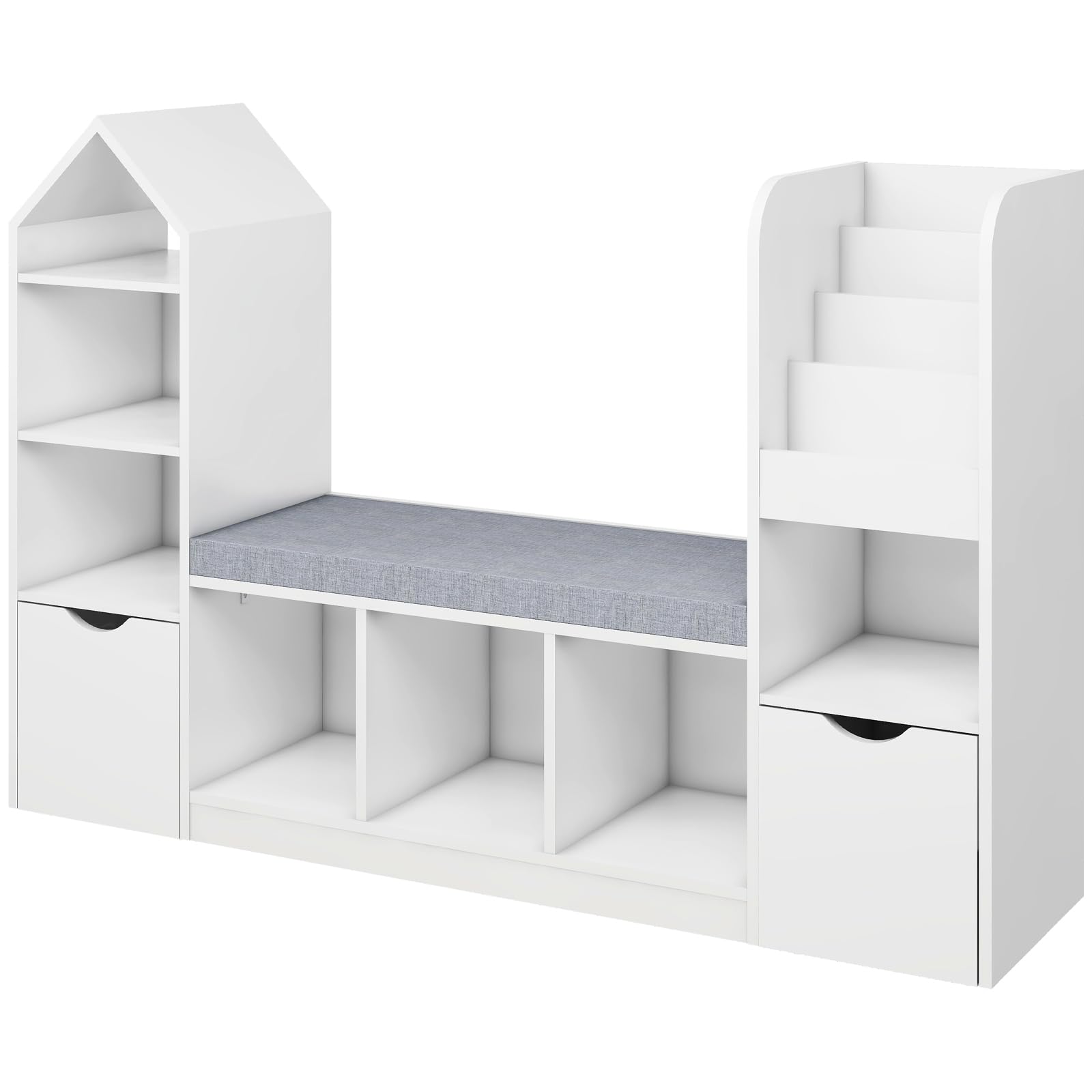 Multifunctional Kids Bookcase with Reading Nook - 7 Storage Cubbies & 2 Movable Drawers - Toy Organizer with Seat Cushion for Children's Bedroom & Playroom - Perfect for Storytime, Reading Corner & Toy Storage
