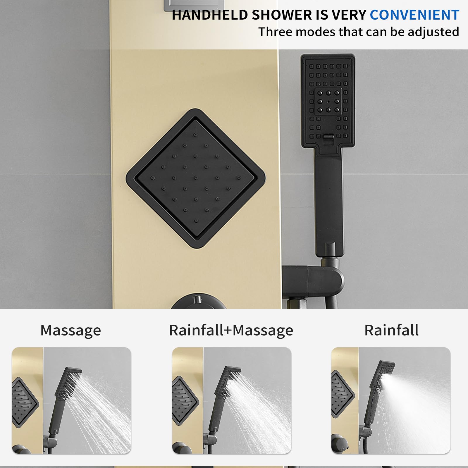 Brushed Gold Shower Panel System with Massage Body Jets - Adjustable Stainless Steel Stand Shower Column Wall Mount - Luxury Bathroom Upgrade for Spa-Like Experience