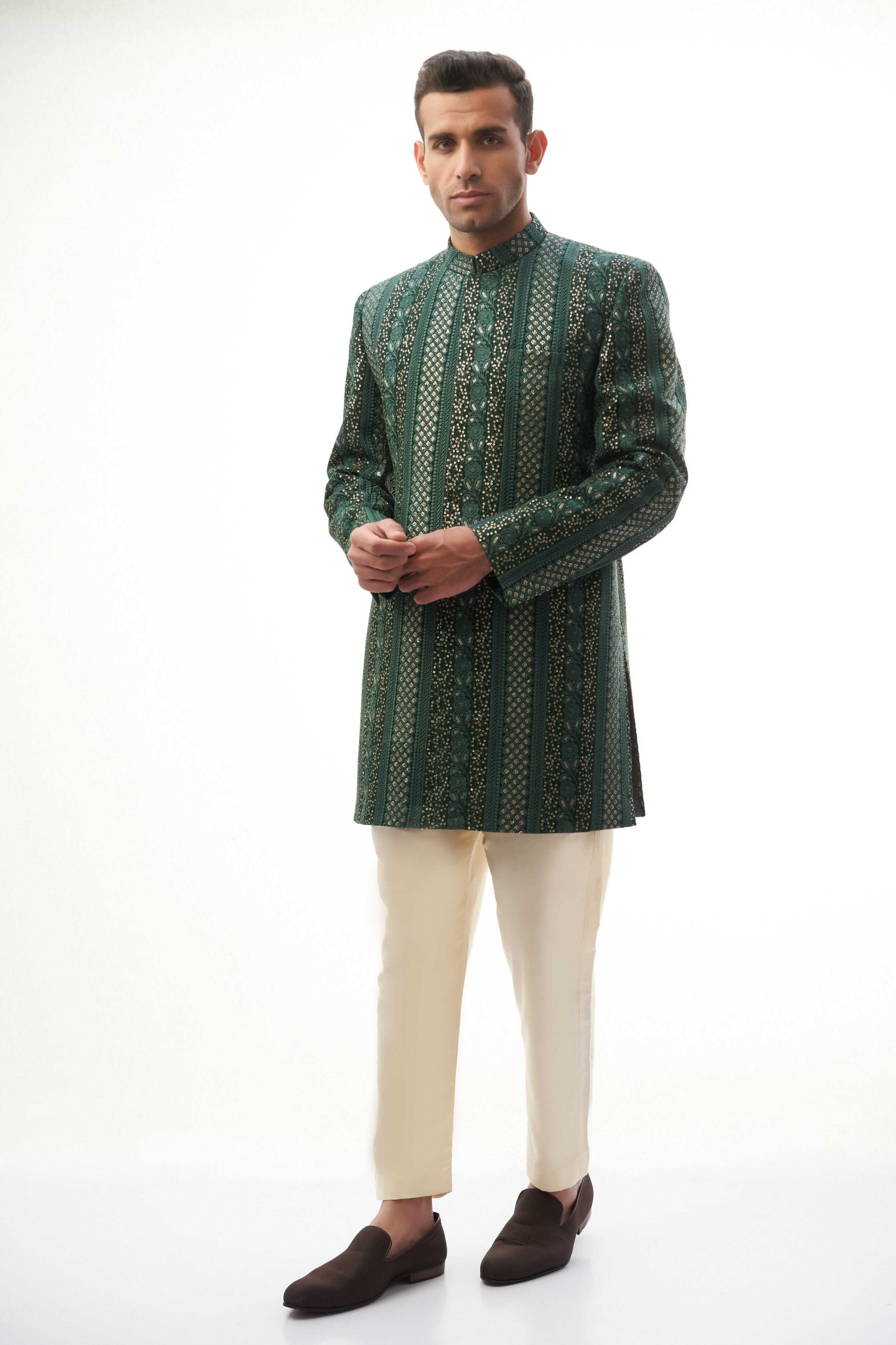 Emerald Green & Gold Short Sherwani with Sequins for Men | Indian Wedding Outfit | Party Wear & Festive Attire