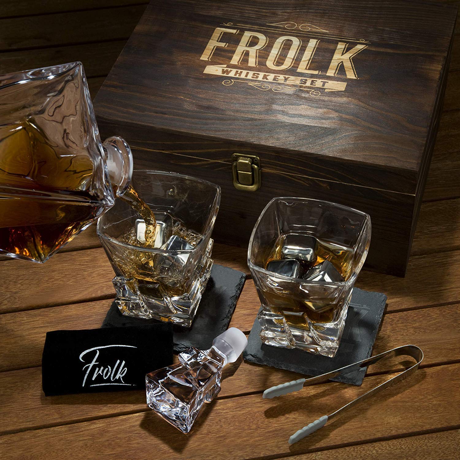 Premium Whiskey Decanter Set with 2 Glasses, 8 Stainless Steel Ice Cubes & Slate Coasters - Luxury Whiskey Gift Set for Men in Elegant Pinewood Box - Perfect for Home Bars, Gifts & Bourbon Tasting Parties