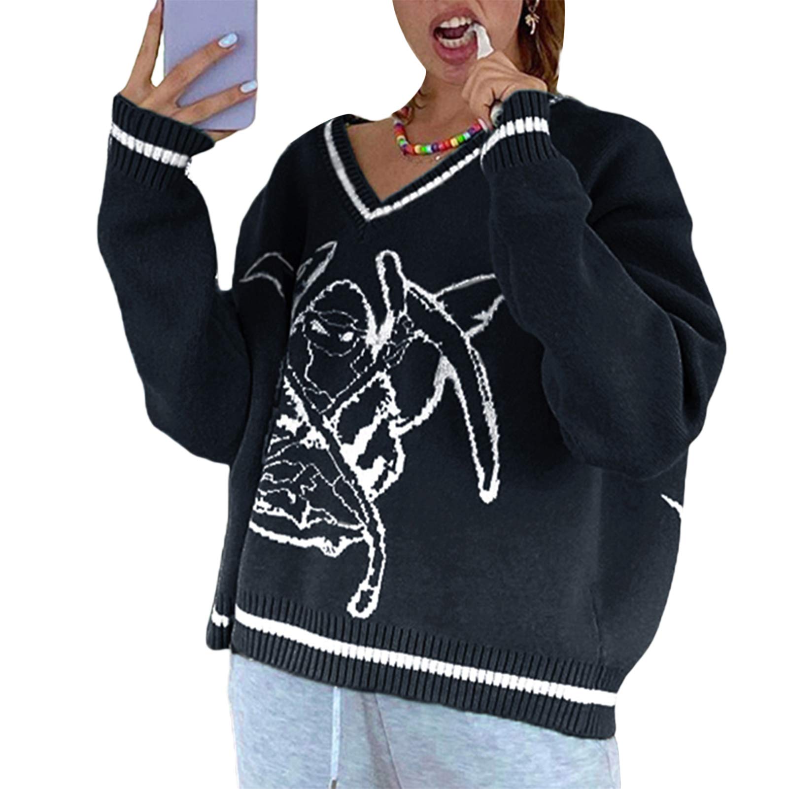 Women's Casual Long Sleeve Knit Sweater - Oversized Chunky Pullover with Argyle Plaid Design - Cozy Streetwear Jumper Top for Fall & Winter Fashion | Perfect for Office, Dating & Weekend Outfits