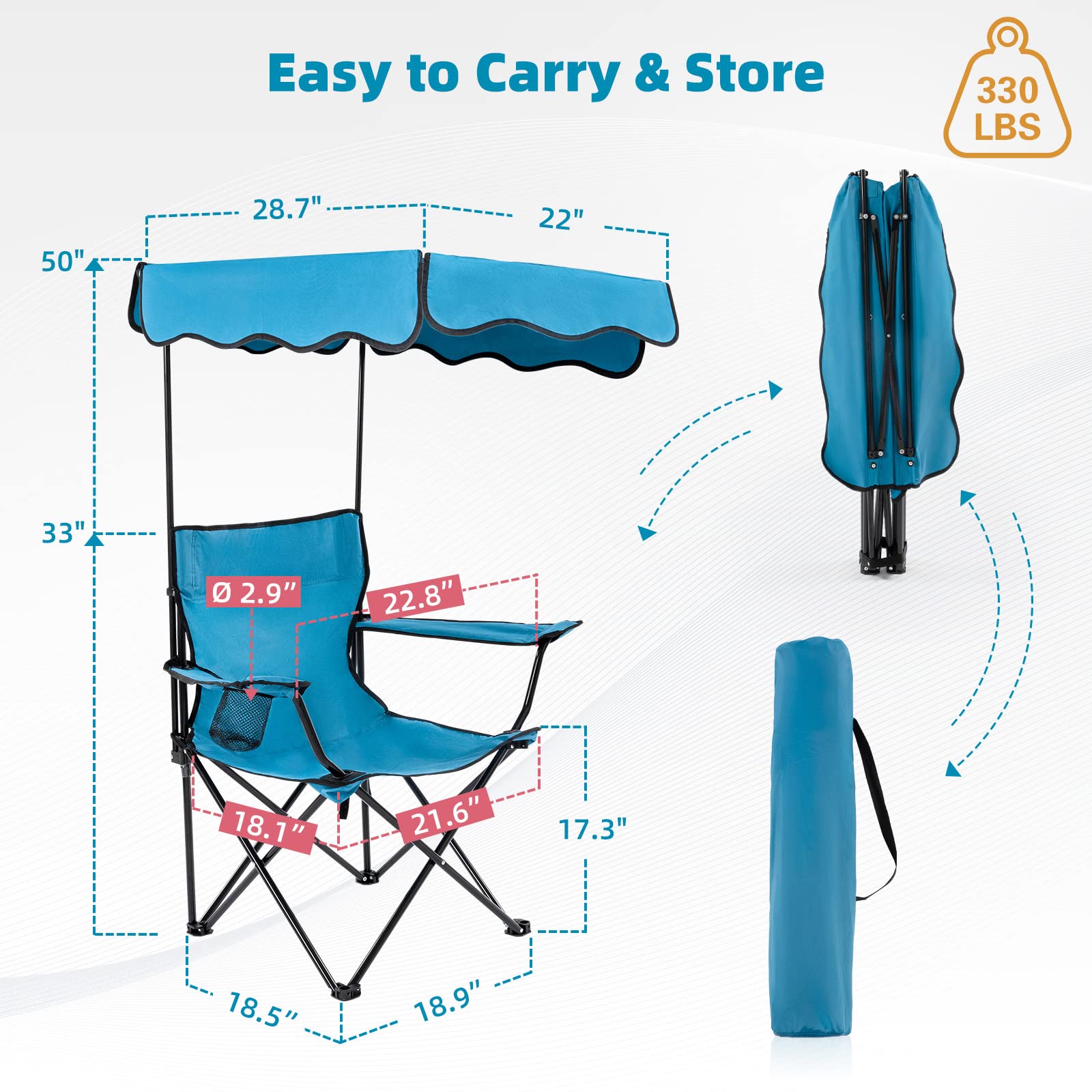 Homcosan Heavy Duty Folding Camping Chair with Canopy Shade - 600D Oxford Fabric Beach Chair with Cup Holder - Supports 330lbs - Portable Outdoor Chair for Camping, Beach, Picnics, Backyard & Tailgating
