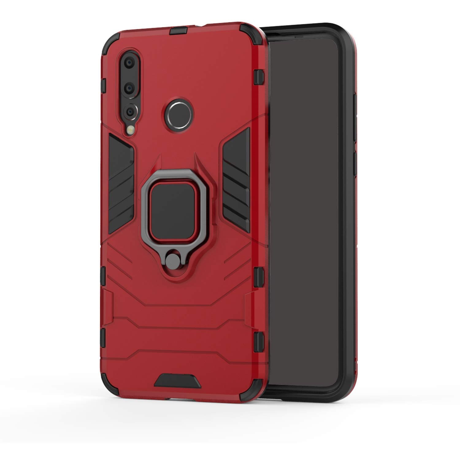 Huawei Nova 4 Case with Metal Ring & Kickstand - Shockproof Hard Bumper Cover Compatible with Magnetic Car Mount | Dual Layer Rugged Protection | Perfect for Daily Use, Travel & Work (Red)