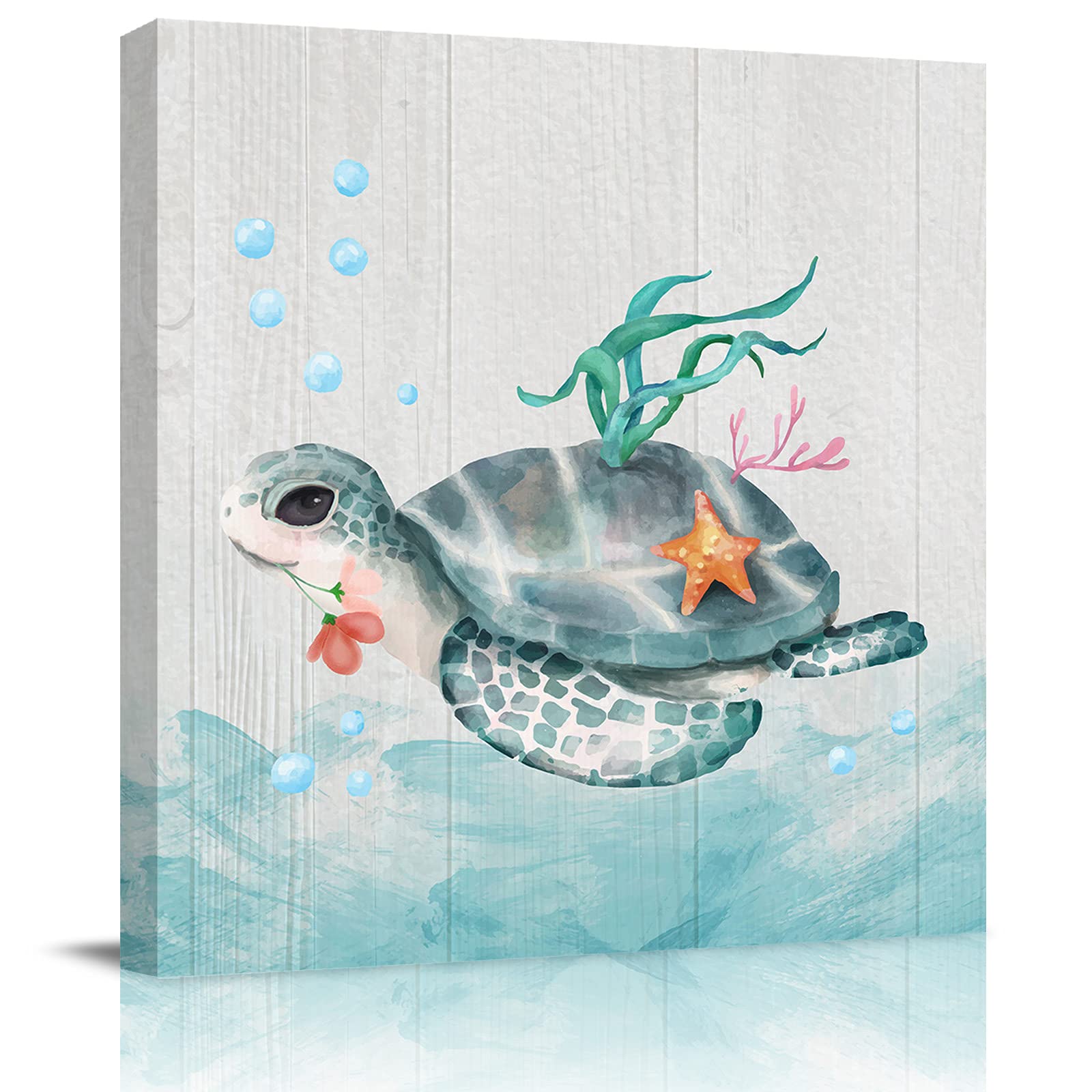 Watercolor Underwater Sea Turtle & Starfish Canvas Wall Art - Stretched & Framed Ocean Themed Painting for Living Room, Bedroom, Bathroom & Kitchen Decor - Ready to Hang Wood Plank Wall Decor | Perfect for Beach House, Coastal Theme & Nautical Interior Design