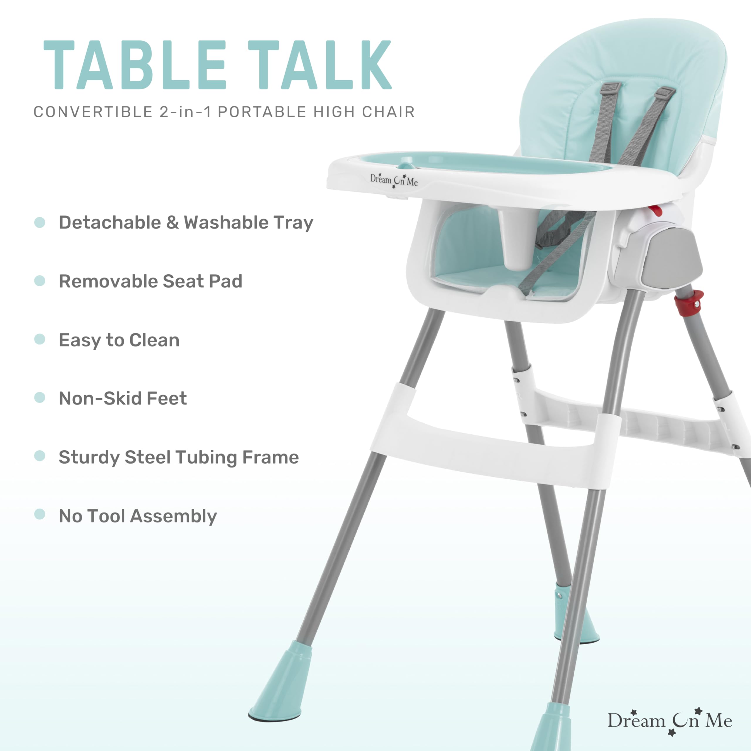 Dream On Me 2-in-1 Portable High Chair with Adjustable Height - Aqua Baby Dining Chair with Removable Tray | Lightweight & Easy Clean for Home, Travel & Outdoor Use