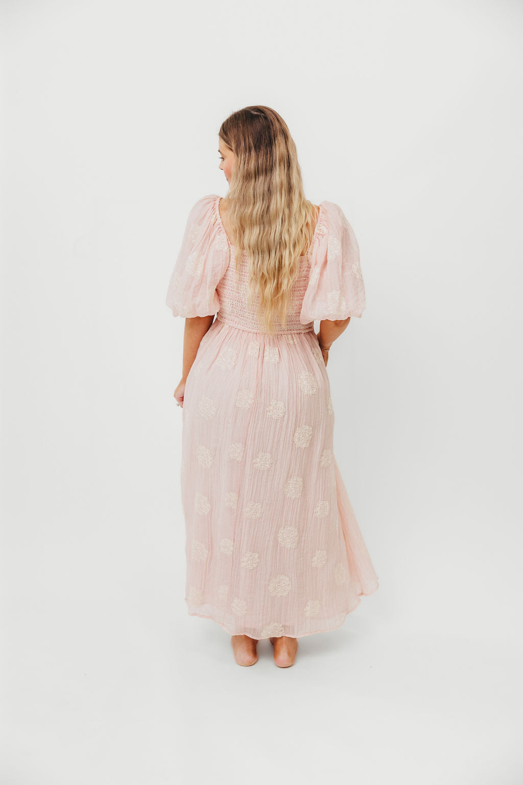 Aimee Women's Smocked Embroidered Floral Midi Dress in Blush Pink - Perfect for Summer Weddings, Garden Parties & Date Nights