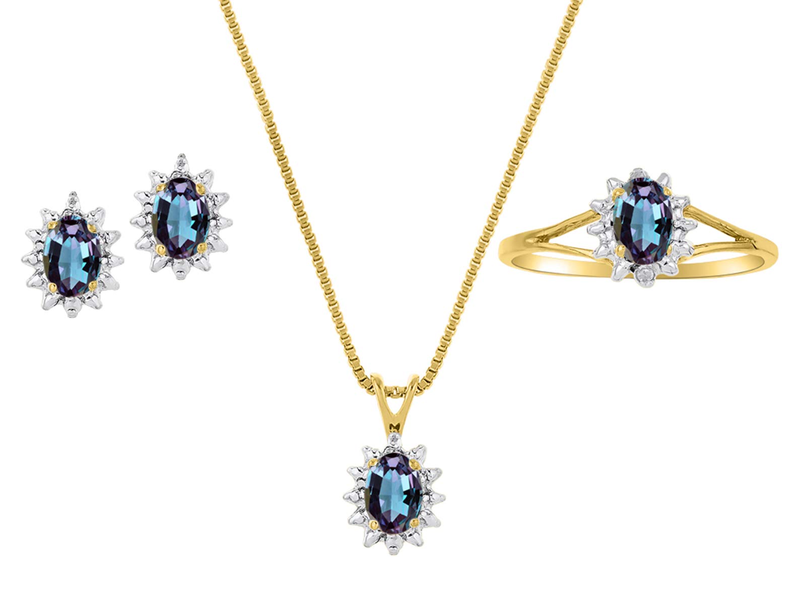 RYLOS Women's Yellow Gold Plated Silver Birthstone Jewelry Set - Ring, Earring & Pendant Necklace with 6X4MM Genuine Diamonds | Friendship Matching Jewelry Sizes 5-10 | Perfect for Birthdays, Anniversaries & Special Occasions