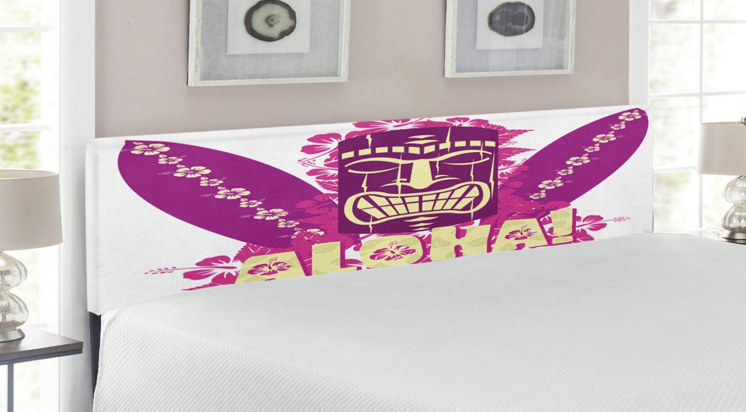 Ambesonne Tiki Bar Headboard - King Size Upholstered Metal Bed Frame with Memory Foam, Hand-Drawn Aloha Hibiscus & Surfboard Design in Pale Yellow & Hot Pink - Perfect for Beach-Themed Bedrooms, Tropical Home Decor & Hawaiian Style Interiors