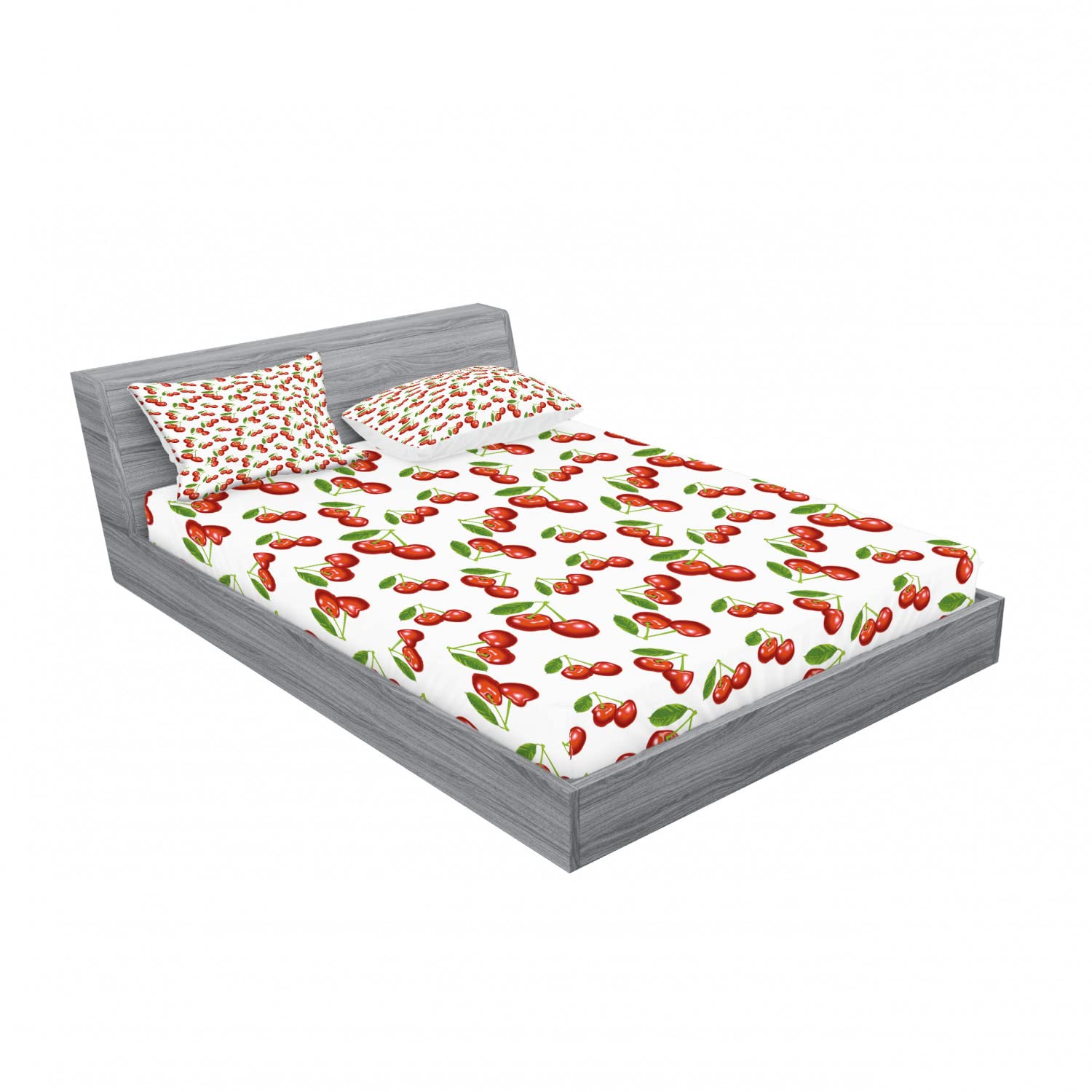 Ambesonne 2-Pack Queen Size Fitted Sheet Set with 4 Pillow Shams - Cherry Fruit Pattern Bedding in White Vermilion Green - Soft & Breathable for Comfortable Sleep - Perfect for Bedroom Decor, Guest Rooms, and Vacation Homes