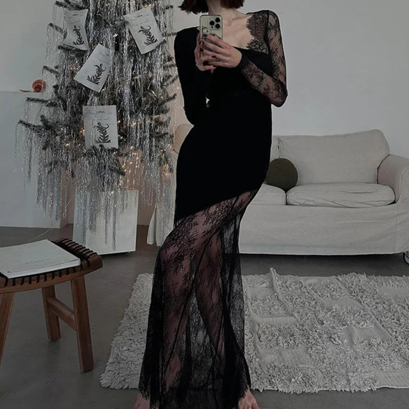 Asymmetrical Black Lace Dress for Women - Elegant Sexy Long Prom Evening Gown with Sheer Details, Perfect for Parties, Weddings & Summer Night Outfits