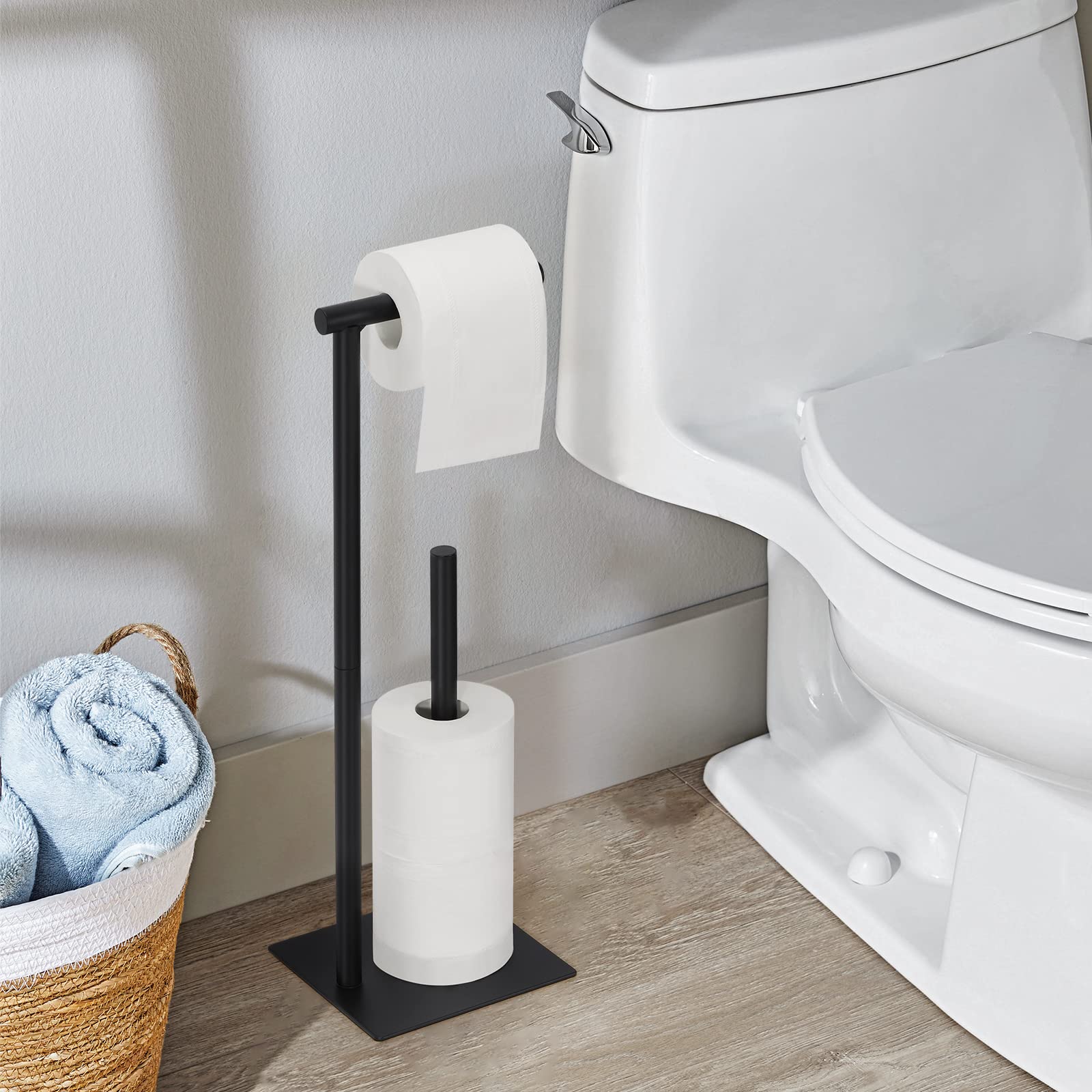 Black Free Standing Toilet Paper Holder with Square Base - Bathroom Tissue Roll Dispenser & Organizer for Lavatory, Home, Office, and RV Use
