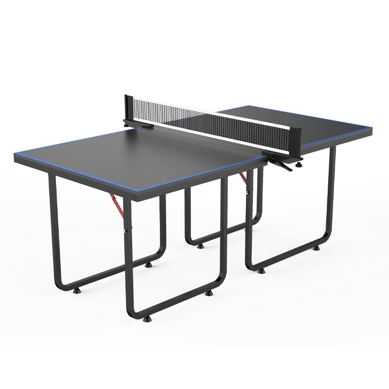Mid-Size Foldable Indoor/Outdoor Table Tennis Table with Quick Clamp Ping Pong Net & Post Set - Black & Blue | Perfect for Home, Office, Gym & Backyard Games