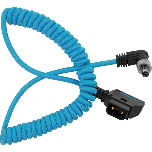 Kondor Blue Coiled D-Tap to Locking DC 2.5mm Right Angle Power Cable (16in to 50in) - Perfect for Camera Rigs, LED Lights & Portable Power Solutions