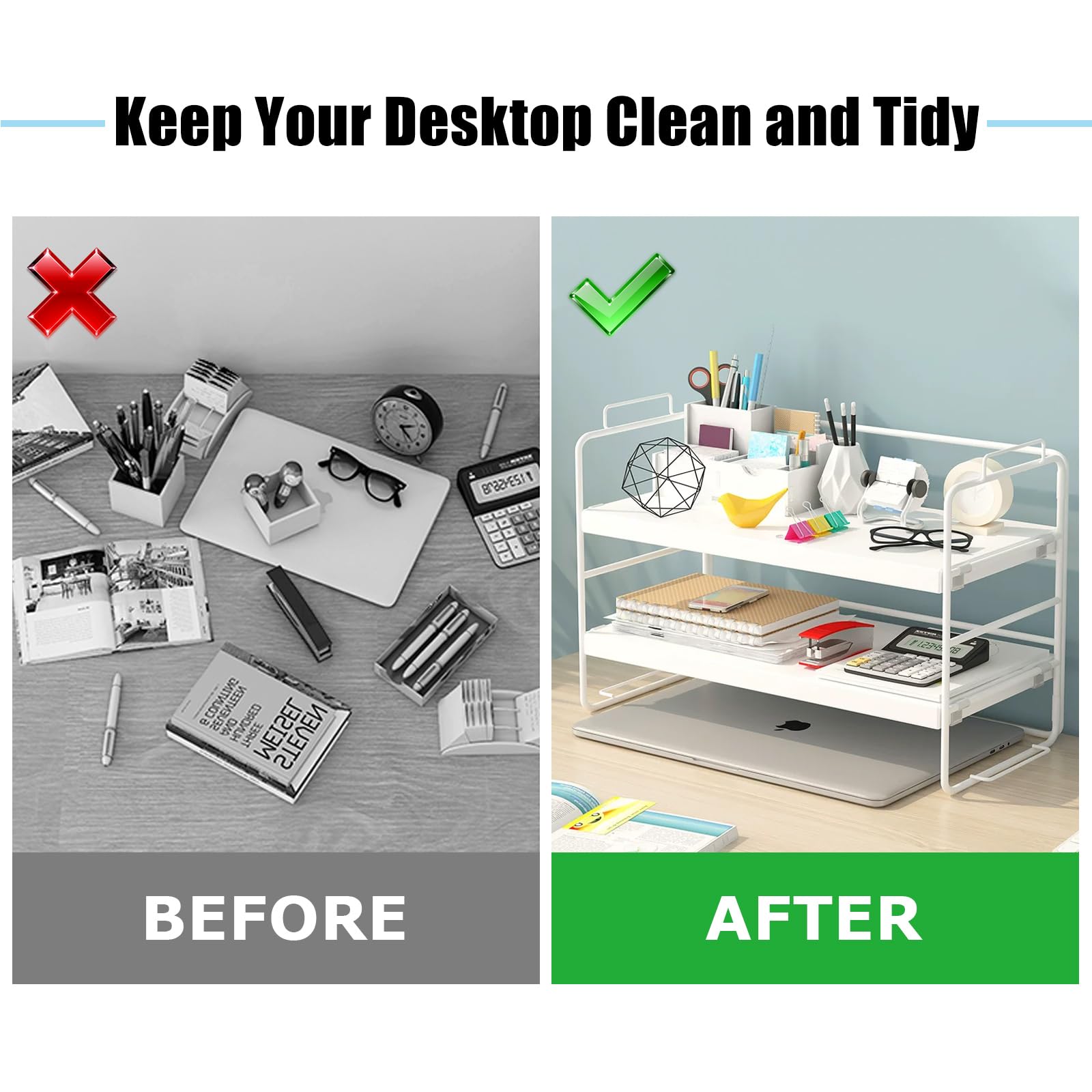 2-Tier White Desktop Organizer Shelf - Adjustable Office Supplies Storage Rack for Desk, School & Kitchen | Perfect for Organizing Pens, Files & Small Items in Workspaces, Dorms & Home Offices