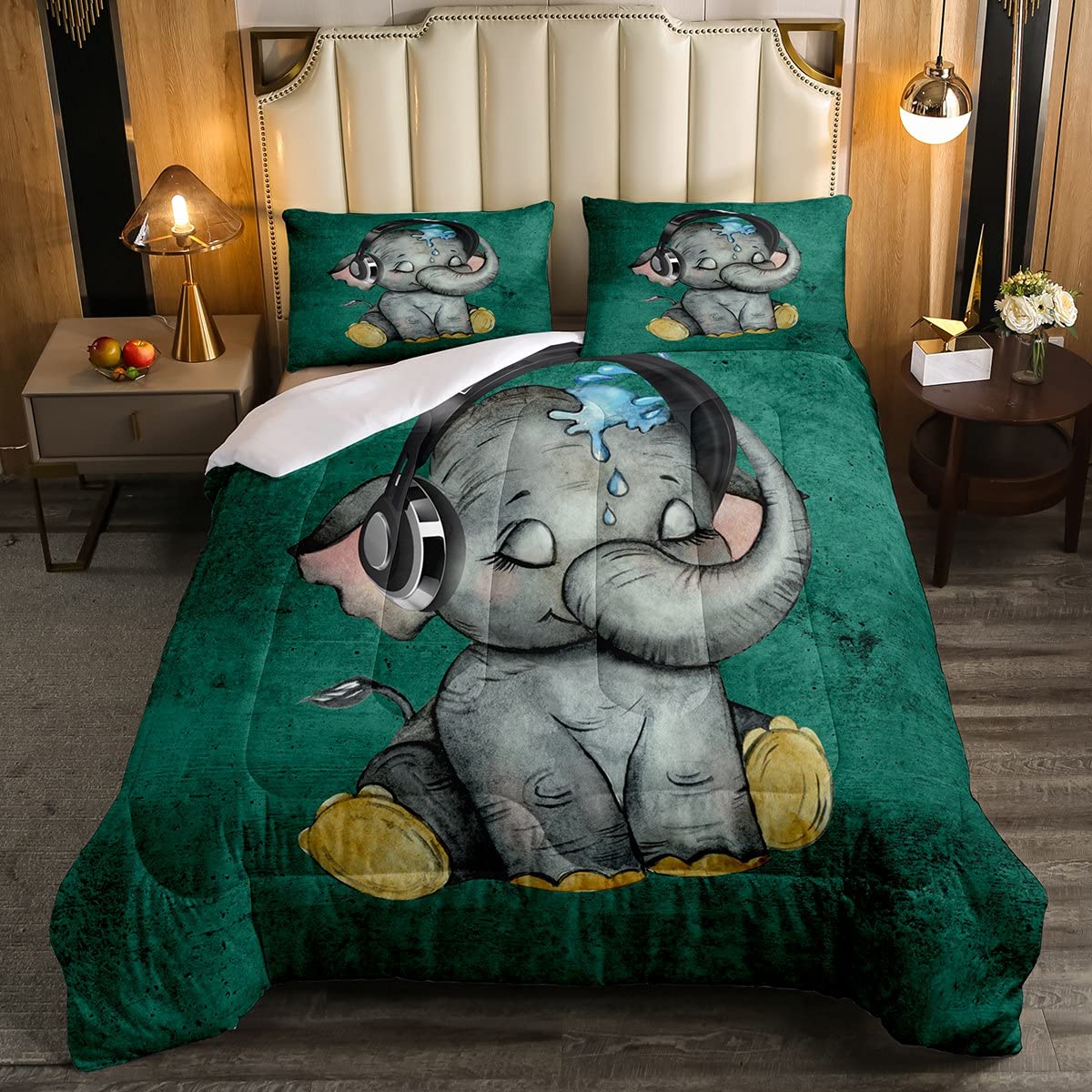 Manfei Elephant Comforter Set Twin Size - Cute Elephant with Headphones Print Bedding Set 2pcs for Kids Boys Girls, Soft Polyester Quilted Duvet Cover with Pillowcase - Perfect for Nursery, Kids Room & Sleepovers