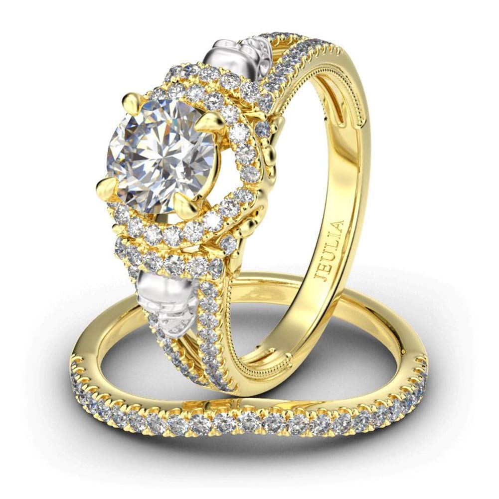 Jeulia 2.5ct Women's 14k Gold Plated Skull Ring Set - 925 Sterling Silver Round Cut Wedding Band, Eternity Ring, Anniversary & Engagement Promise Rings for Her with Jewelry Gift Box - Perfect for Gothic Weddings, Halloween Costumes & Unique Gift Giving