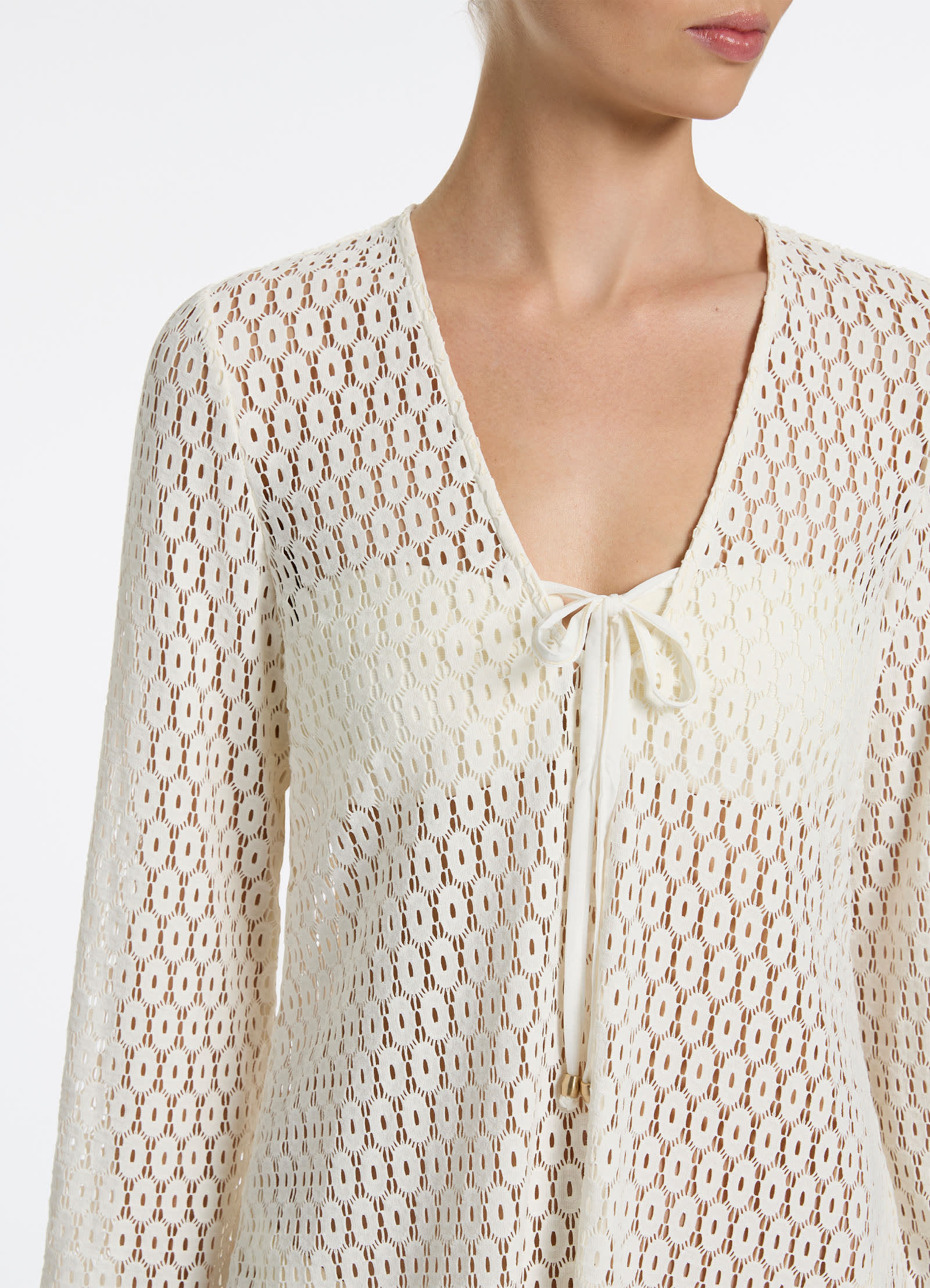 Elegant Cream Stretch Lace Kaftan - Flowy Beach Cover Up, Boho Chic Resort Wear for Summer Vacation & Poolside Lounging