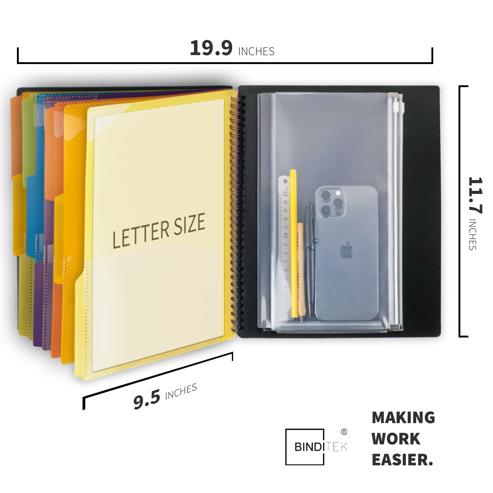 Binditek 18 Pocket Poly Project Organizer with 9 Dividers - Heavy Duty Letter Size Folder with Customizable Cover, Metal Wire Binding & Zipper Pouch - Perfect for School, Office & Document Organization Supplies