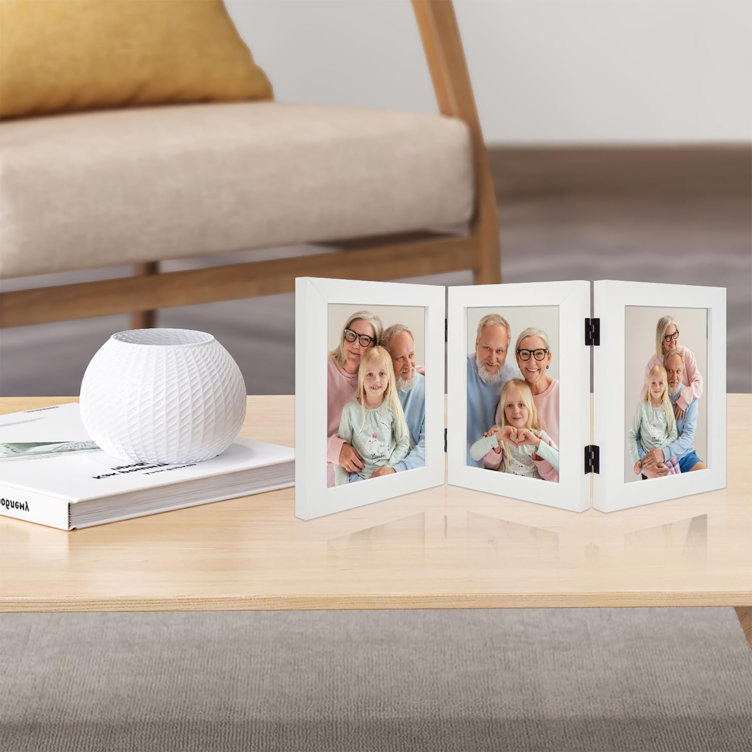 Frametory 5x7 Triple Picture Frame - Trifold Collage Photo Frame with Glass Front, Hinged Tabletop Display for Home & Office Decor (White, 1 Pack) - Perfect for Family Photos, Wedding Memories & Graduation Pictures